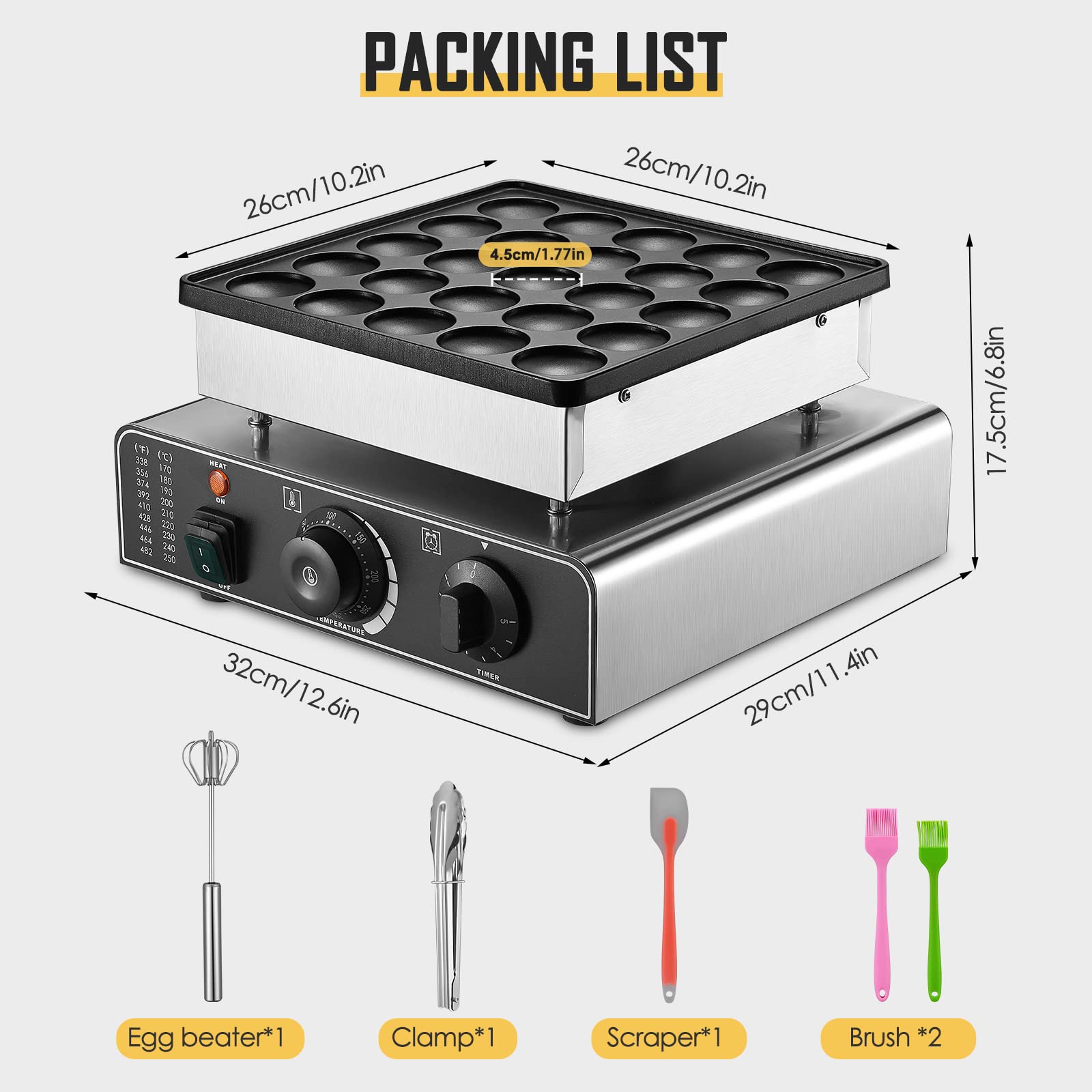 Mini Dutch Pancakes Maker Machine - 850W Commercial Electric Waffle Iron with Non-Stick Coating, 1.77