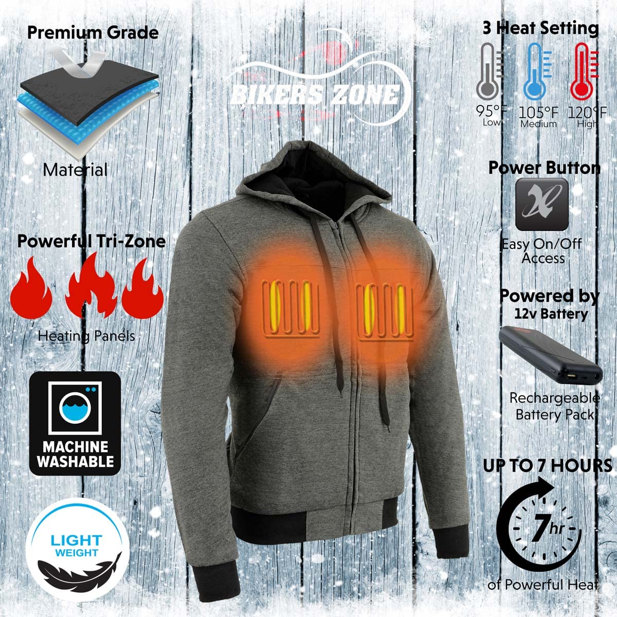 BZ2813 Men's Black Ultimate Heated Hoodie with 12V Battery - Winter Warm Jacket for Outdoor Activities, Camping & Work