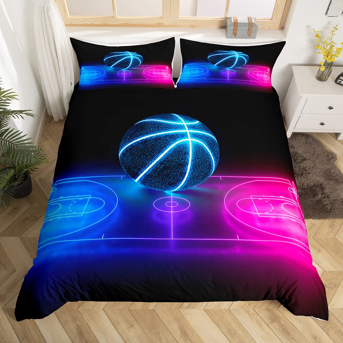 Castle Fairy Cool Basketball Bedding Set Twin Size - Neon Gradient Duvet Cover with Basketball Court Design for Kids & Teens | Sports Themed Bedroom Decor | Perfect for Boys, Girls & Game Room Decorations
