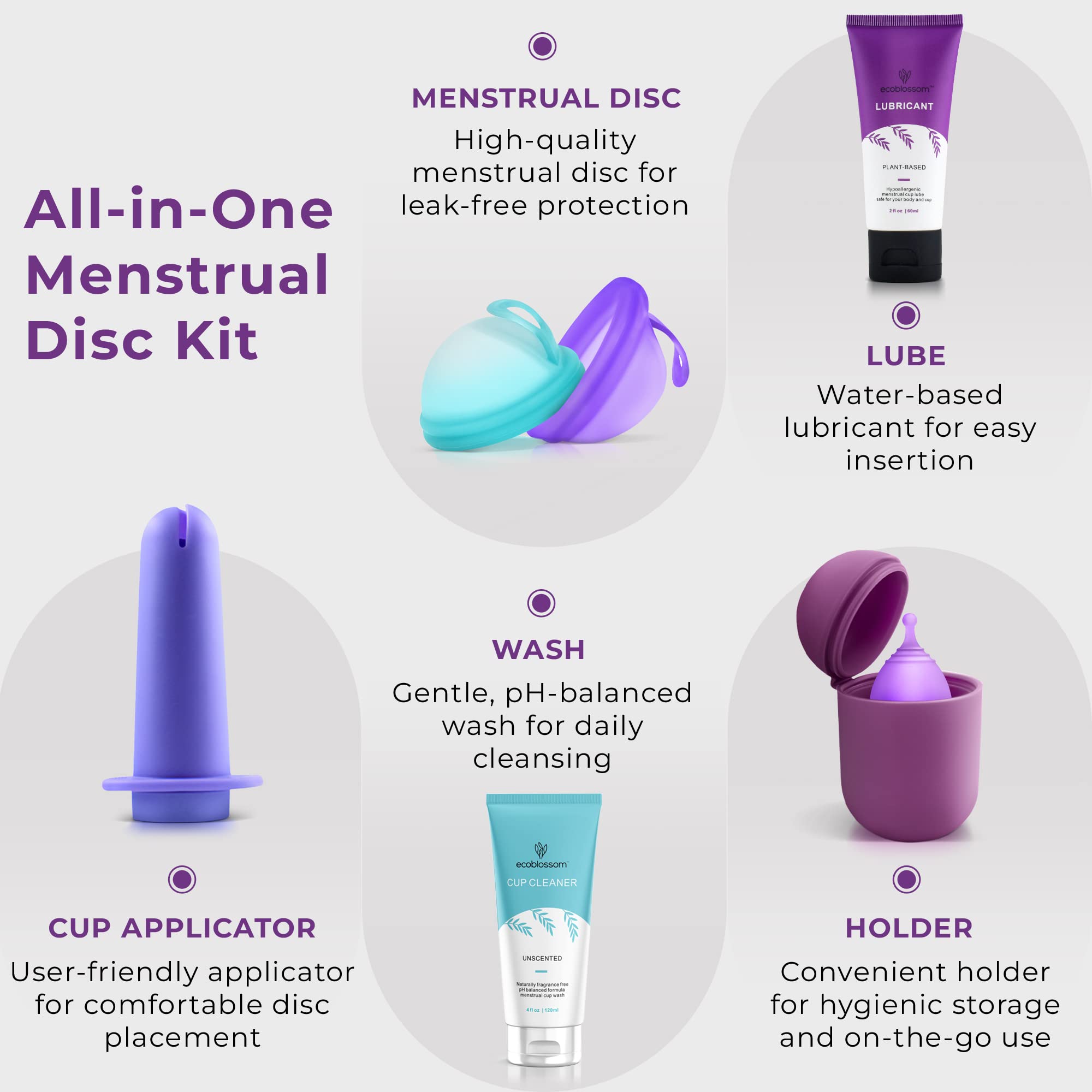 EcoBlossom Complete Reusable Menstrual Disc Kit - Small & Large Silicone Period Discs with Sterilizer Holder, Cleansing Wash, Water-Based Lube & Insert Applicator - All-in-One Feminine Hygiene Solution for Comfortable Period Protection at Home, Work or Travel