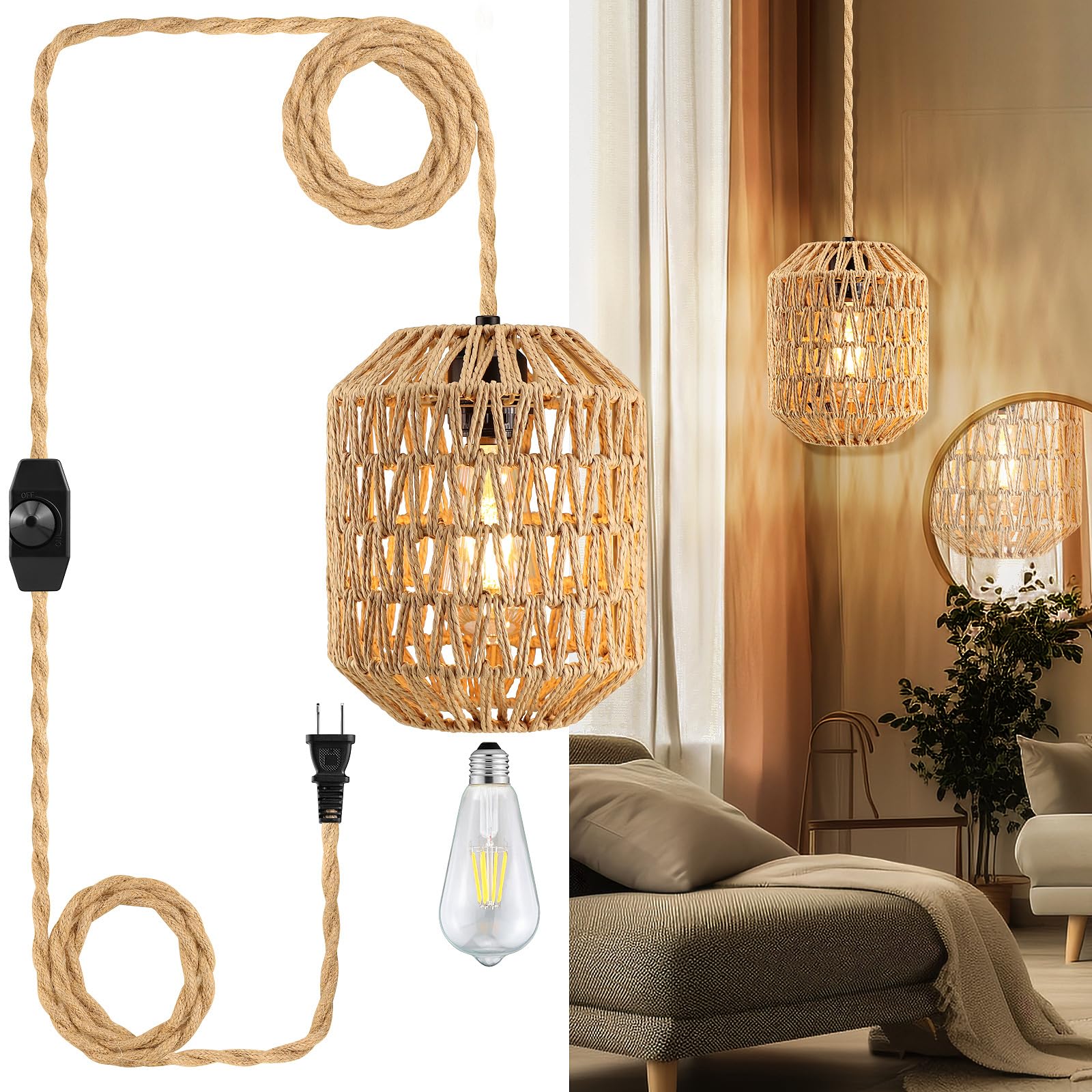 Dimmable Rattan Plug-In Pendant Light with 15FT Hemp Rope Cord - Wicker Woven Basket Lampshade Industrial Ceiling Fixture for Kitchen, Dining Room, Bedroom & Living Room (Brown)