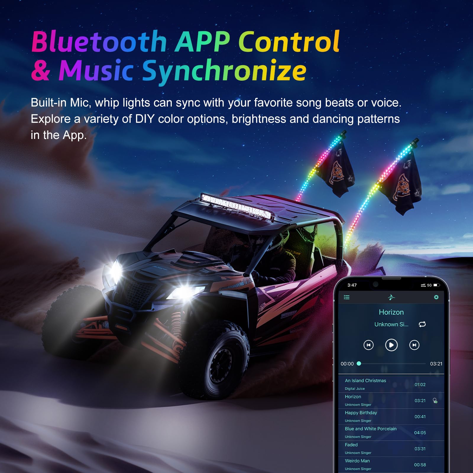2 Pack 3FT LED Whip Lights with Spring Base - RGB Spiral Chasing Lights with App & Remote Control, Rocker Switch - Music Sync for UTV ATV Polaris RZR Can-Am SXS Trucks - Perfect for Off-Roading, Night Rides & Desert Adventures