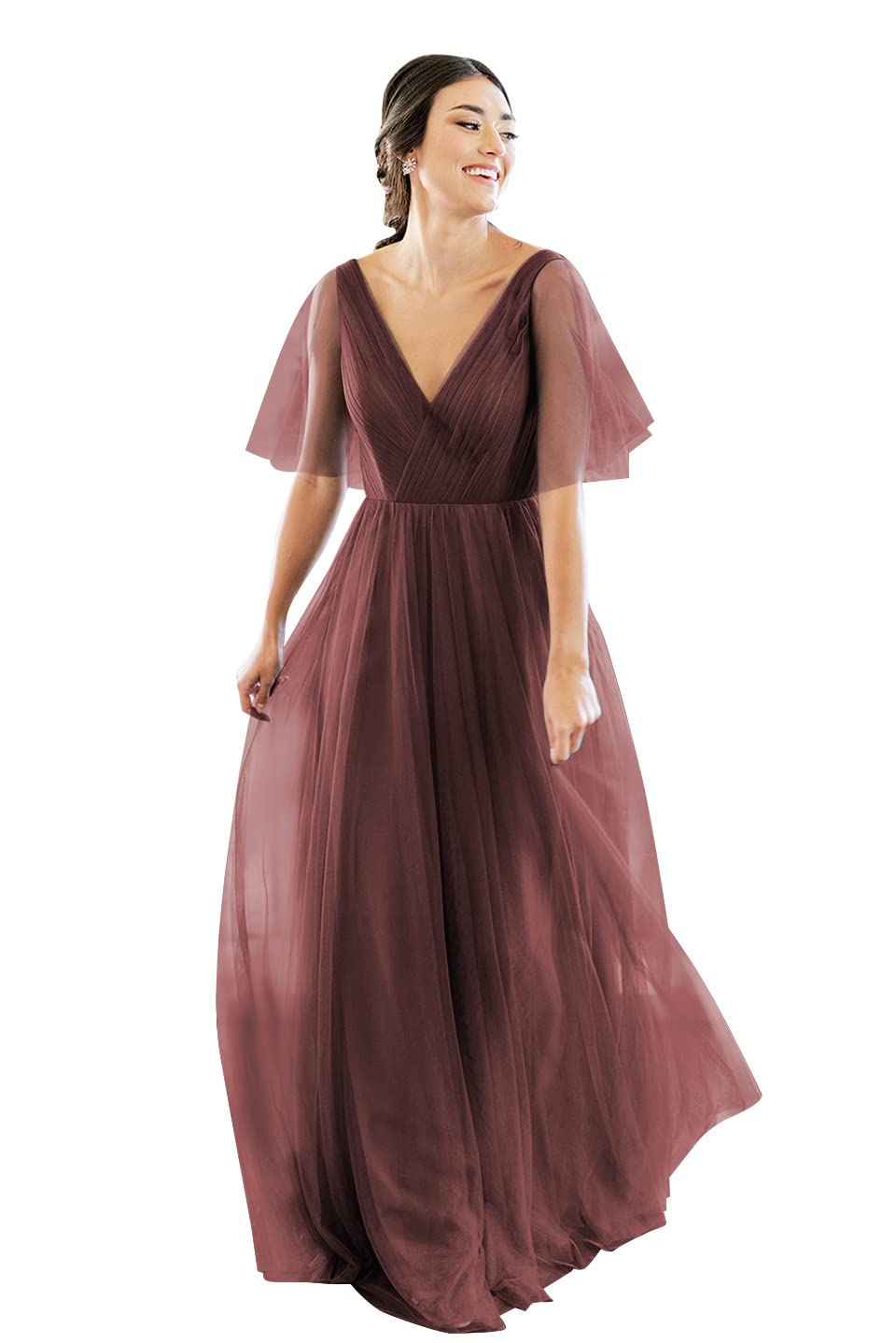 Elegant V-Neck Short Sleeve Tulle Bridesmaid Dress for Women - Backless Long Formal Gown for Wedding, Prom & Special Occasions