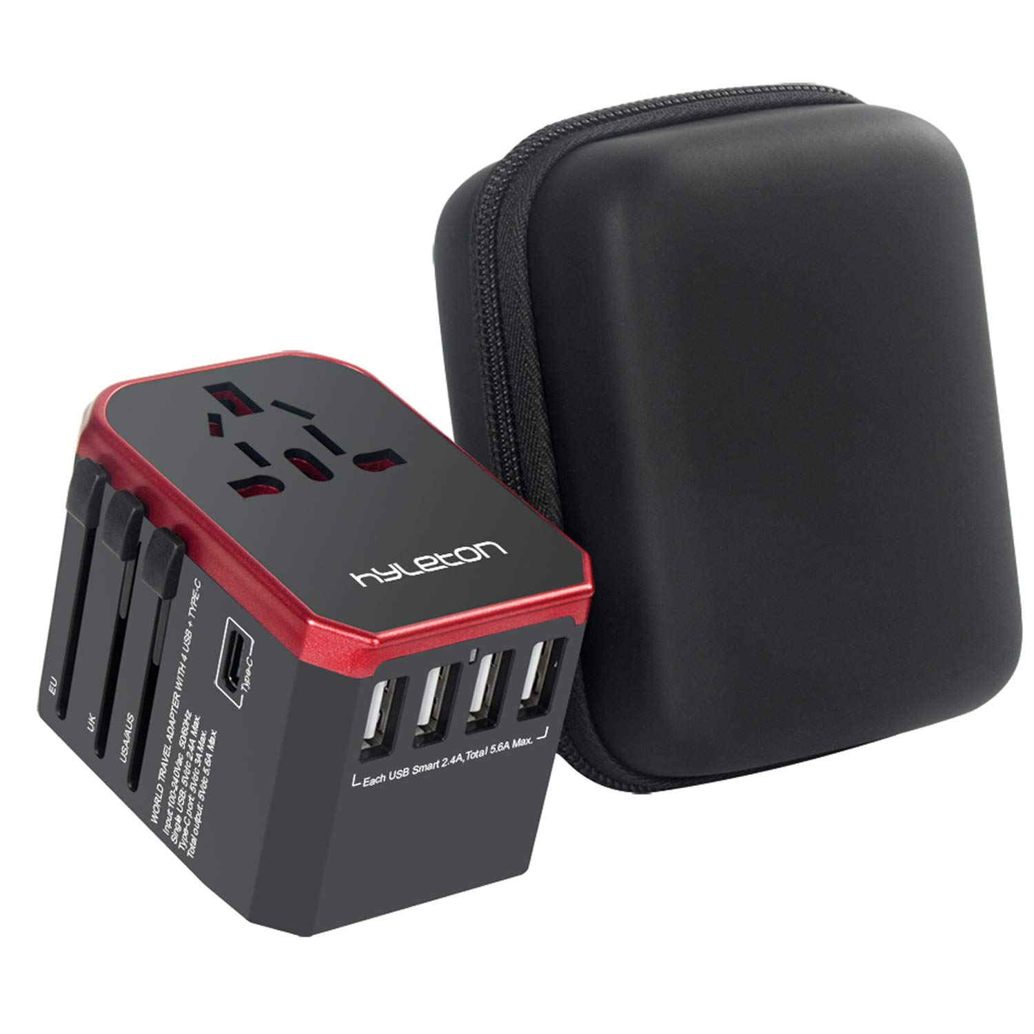 Hyleton Universal Travel Adapter with 4 USB Ports & Type C - 5.6A Fast Charging Worldwide Power Plug Converter for Europe, Asia, US - Perfect for Business Trips, Vacations & International Travel