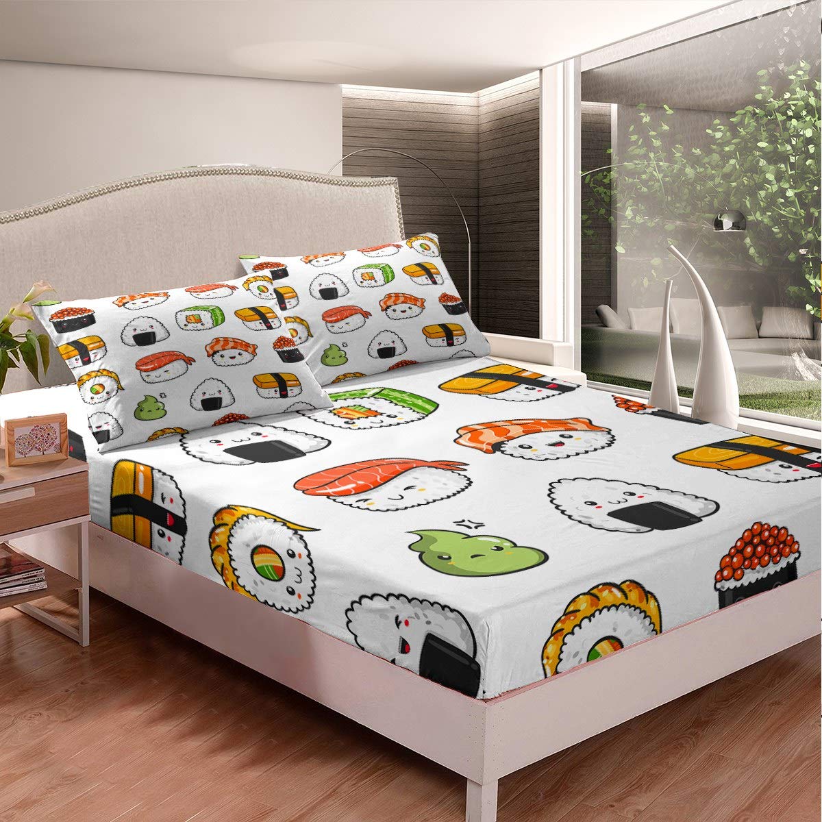 Japanese Sushi Pattern Queen Size Bedding Set - Cute Cartoon Microfiber Sheet & Pillowcase for Girls Teens Room Decor | Soft Kawaii Style Fitted Sheet (1 Fitted Sheet + 1 Pillow Case) - Perfect for Anime Themed Bedrooms & Sleepovers
