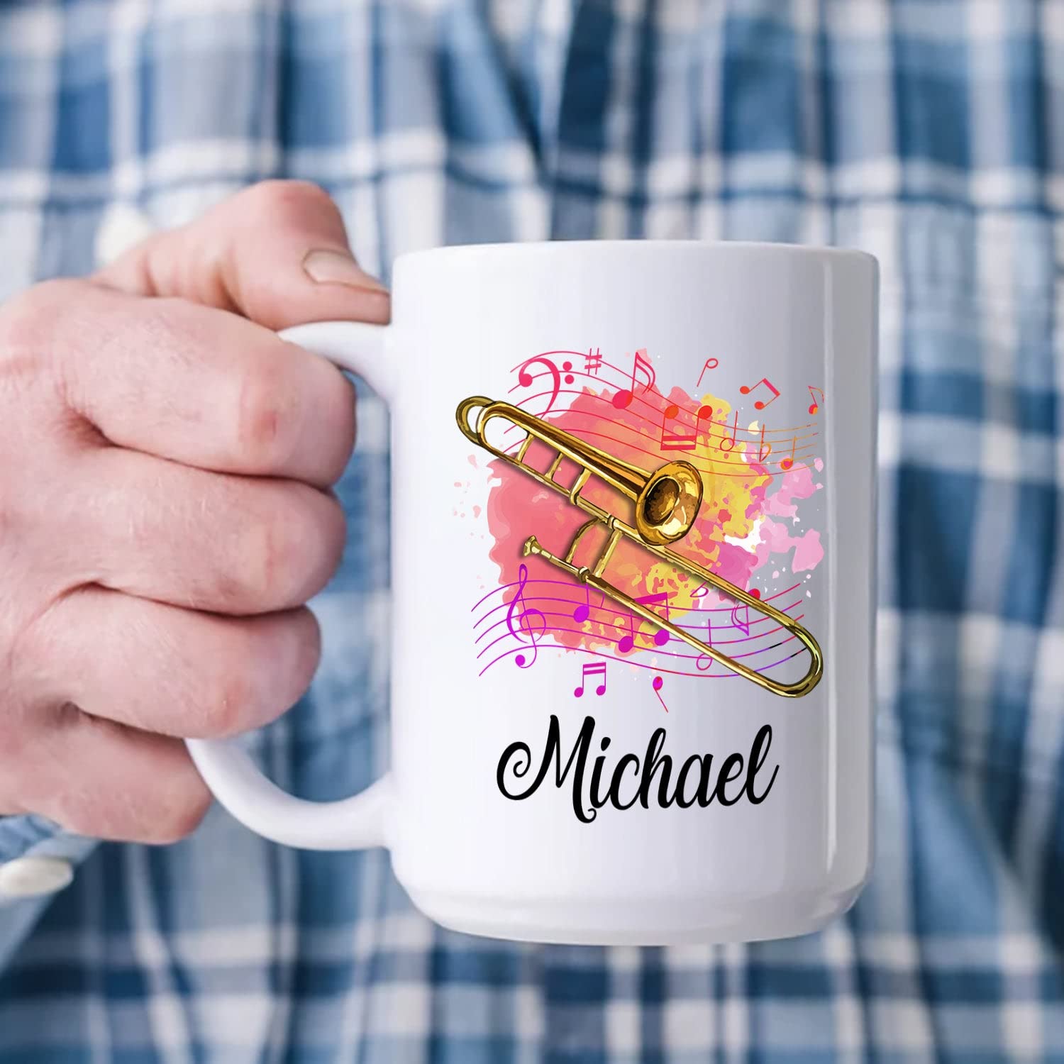**Personalized Trombone Coffee Mug 11-15 Oz - Custom Name Trombone Player Travel Mug - Unique Gift for Musicians, Men & Women - Perfect for Birthdays, Band Rehearsals & Coffee Breaks**
