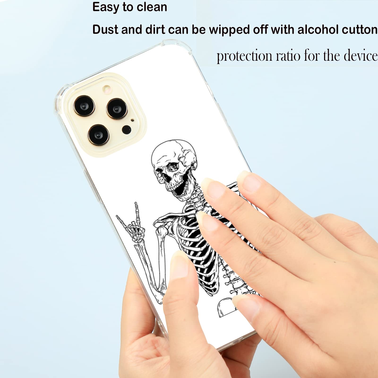 Rock and Roll Skull iPhone 12 Pro Max Case - White & Black Skeleton TPU Bumper Cover with Wireless Charging Support | Trendy Protective Phone Case for Music Lovers & Halloween Party