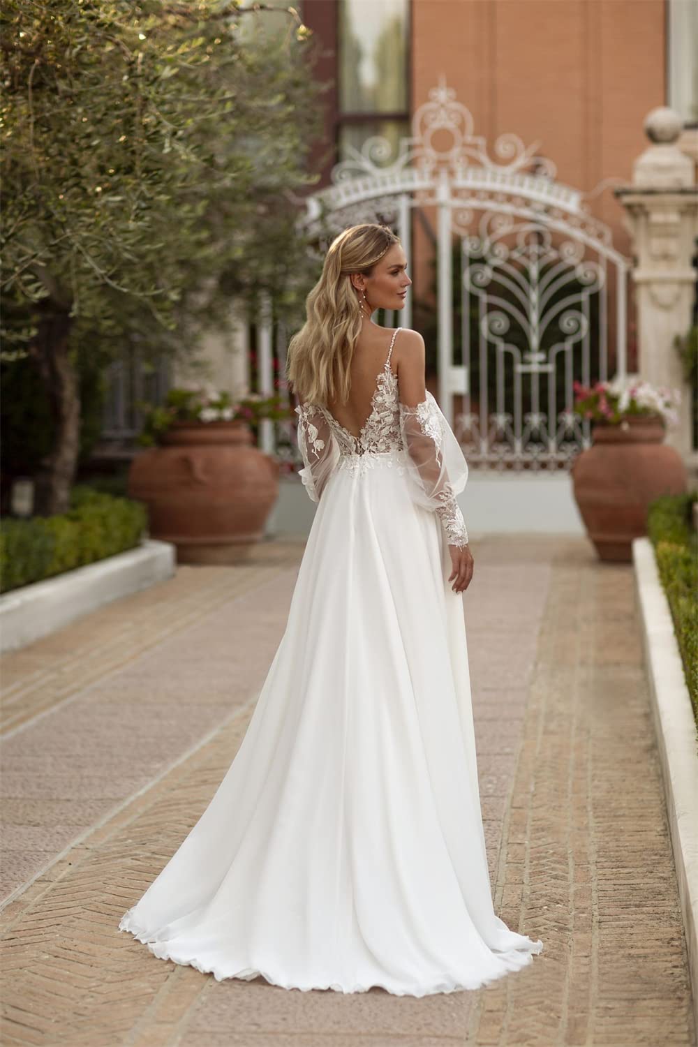 Elegant Long Sleeve V-Neck A-Line Chiffon Wedding Dress with Floral Lace Appliques - Perfect for Church Ceremony, Garden Wedding & Romantic Photoshoots