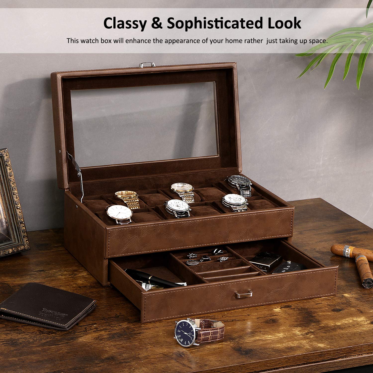 BEWISHOME Luxury Watch Box for Men - Faux Leather Watch Organizer with Jewelry Drawer, Real Glass Top & Metal Hinge - Brown SSH12Z | Perfect Watch Storage Case for Travel, Home Display & Gift Giving