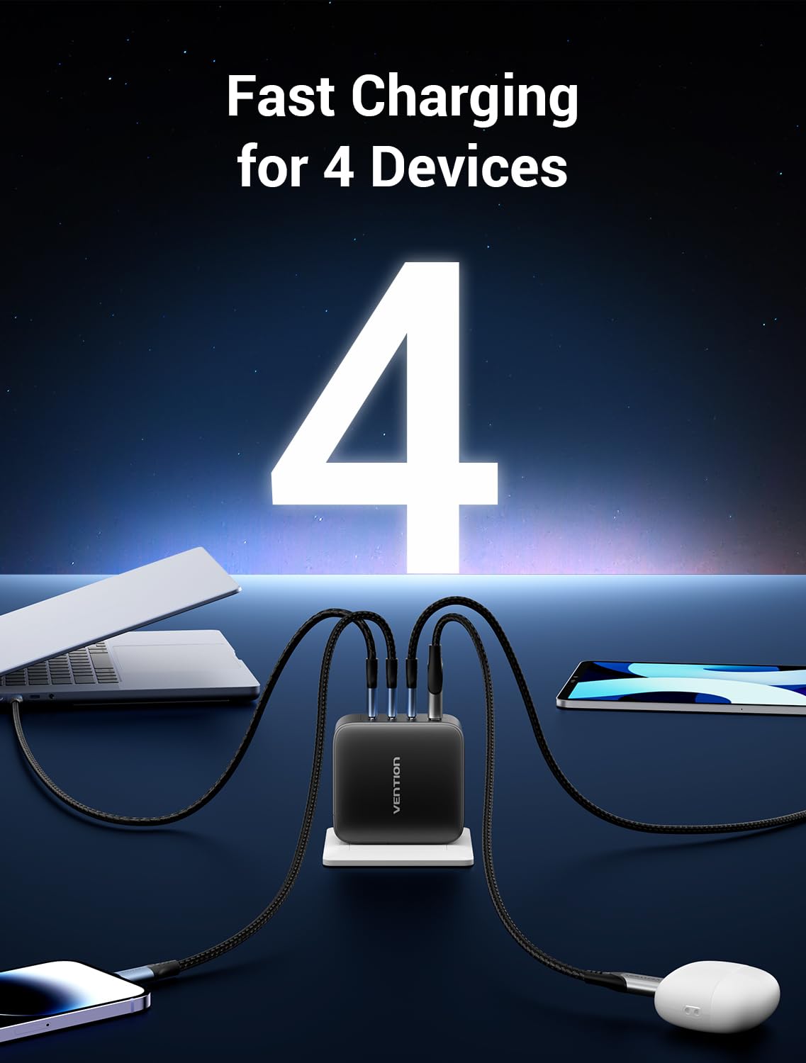 140W VENTION 4-Port GaN+ USB-C Fast Charger for MacBook Pro 16''/14''/13'' & MacBook Air 15'' - Foldable Design with 240W Cable - Also Compatible with iPhone 15/14/Pro Max & Chromebook | Perfect for Travel, Office & Home Charging Needs
