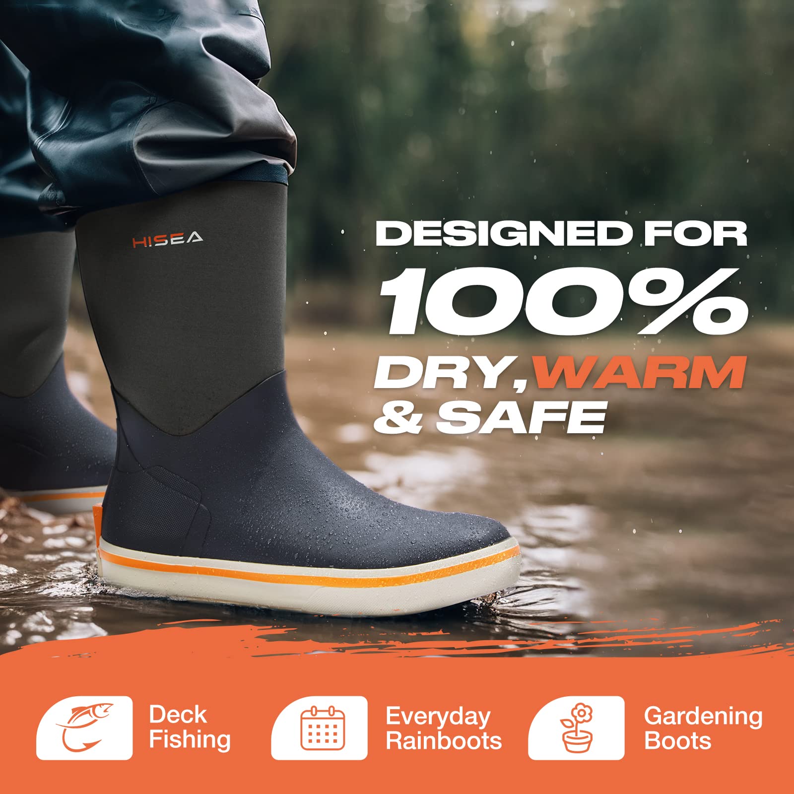 HISEA Men's Waterproof Rubber Rain Boots for Gardening, Fishing, Outdoor & Deck Work - Slip-Resistant Comfort for Wet Conditions