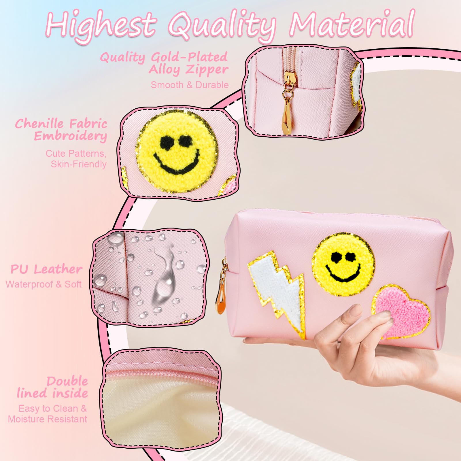 WECOOL Preppy Makeup Bag - Waterproof PU Leather Cosmetic Organizer with Smiley Face Patch, Spacious Travel Toiletry Bag for Women | Perfect for Daily Use, Travel, and Gifts