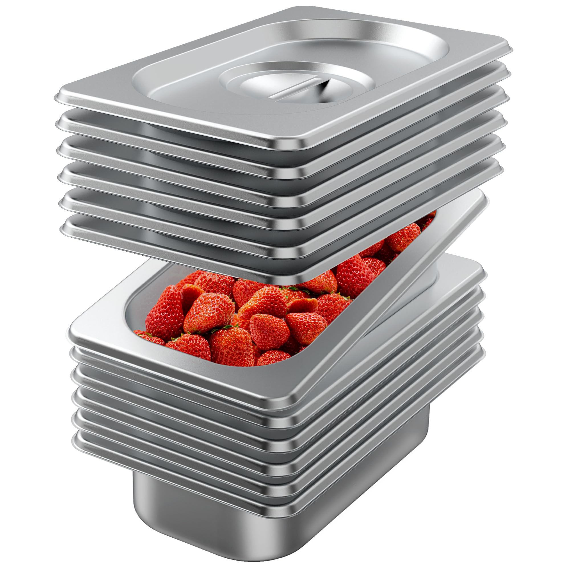 6 Pack Stainless Steel 1/4 Size Hotel Pans with Lids - 2.5 Inch Deep Commercial Food Steam Table Pans for Buffet, Catering & Restaurant Use - Durable Metal Kitchen Trays for Food Warming, Serving & Storage