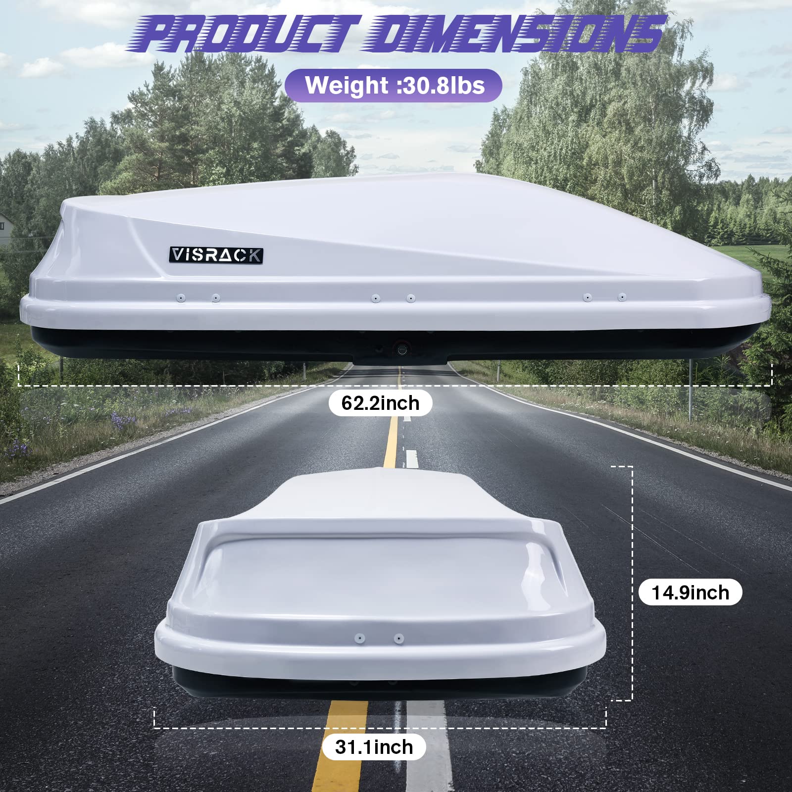 **White 14 Cubic Feet Rooftop Cargo Box - Heavy Duty Waterproof Car Top Carrier with Dual Side Opening, Extra Keys & Straps - Perfect for Travel, Camping & Outdoor Storage**