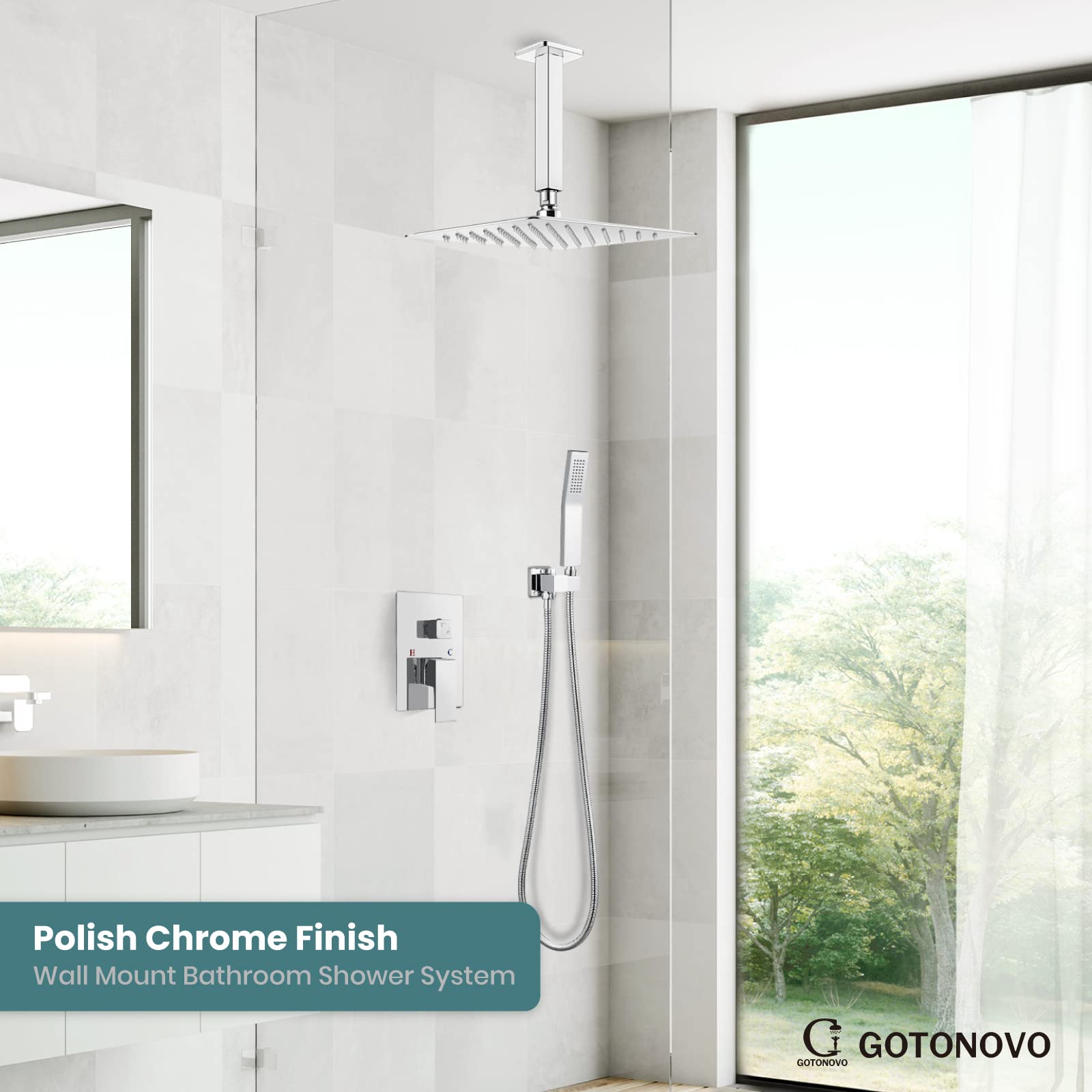 Gotonovo Luxury 12 Inch Rain Shower System - High Pressure Ceiling Mount Shower Head with Handheld Spray, Polish Chrome Finish, Dual Function Combo Set (Includes Rough-in Valve & Shower Trim) - Perfect for Master Bathroom, Spa-Like Shower Experience & Modern Home Renovation