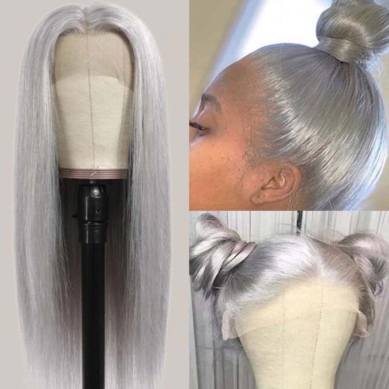 Eullair 13x4 Glueless Lace Front Wig - 180 Density Pre Plucked Straight Human Hair Wig for Women, Grey & Silver Lace Frontal Wig - Perfect for Daily Wear, Cosplay & Special Occasions