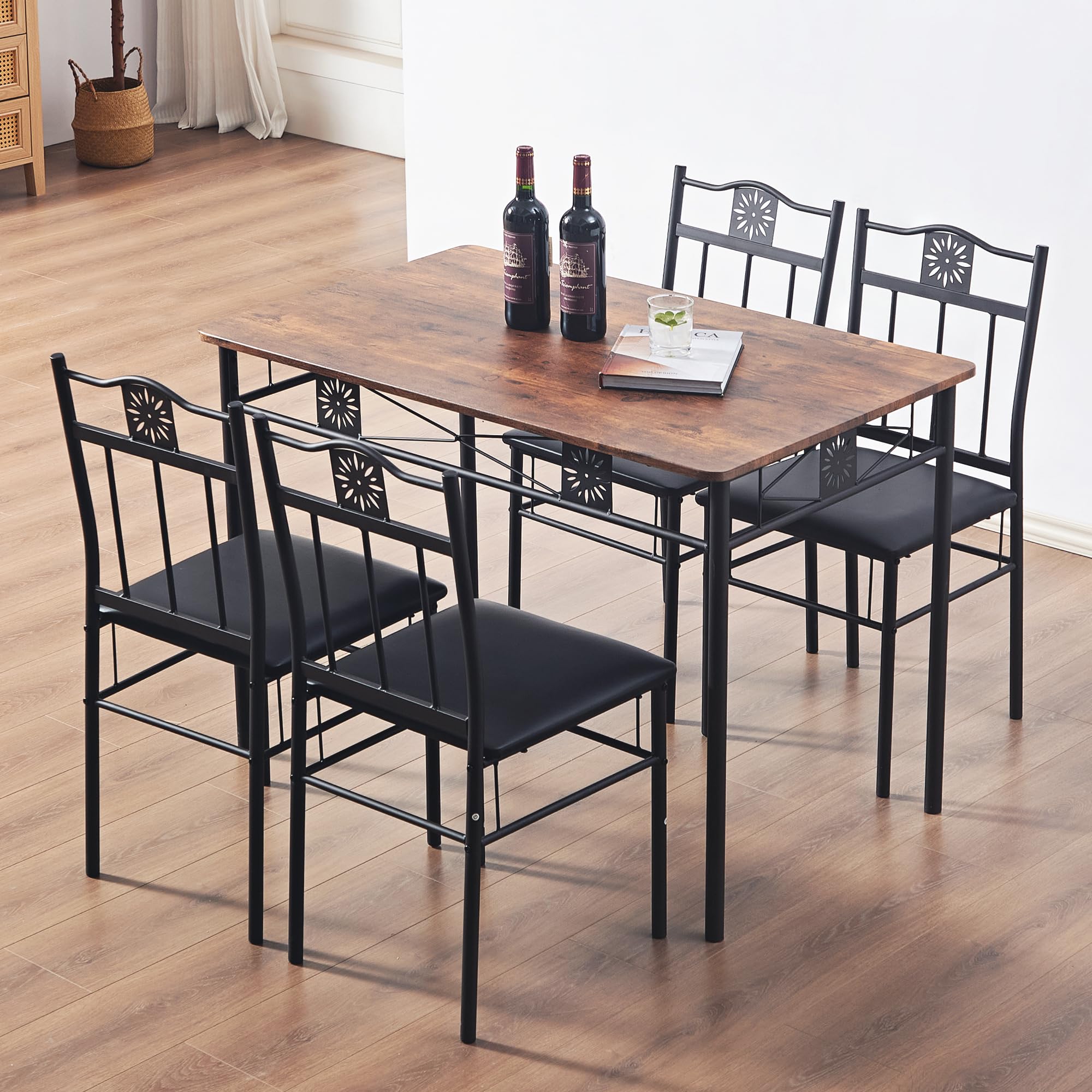 VECELO 5-Piece Retro Brown Kitchen Dining Table Set with Metal & Wood Rectangular Table and 4 Chairs - Perfect for Breakfast Nook, Small Space Dining, and Cozy Family Meals