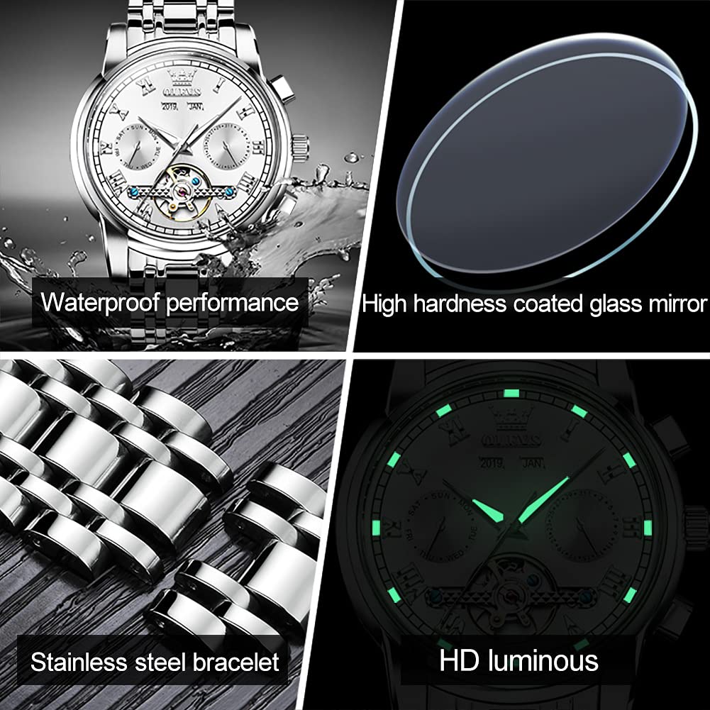 OLEVS Automatic Self-Winding Men's Watch with Date & Day Calendar - Stainless Steel Skeleton Tourbillon Watch - No Battery Needed, Waterproof - Perfect for Business, Casual & Formal Occasions