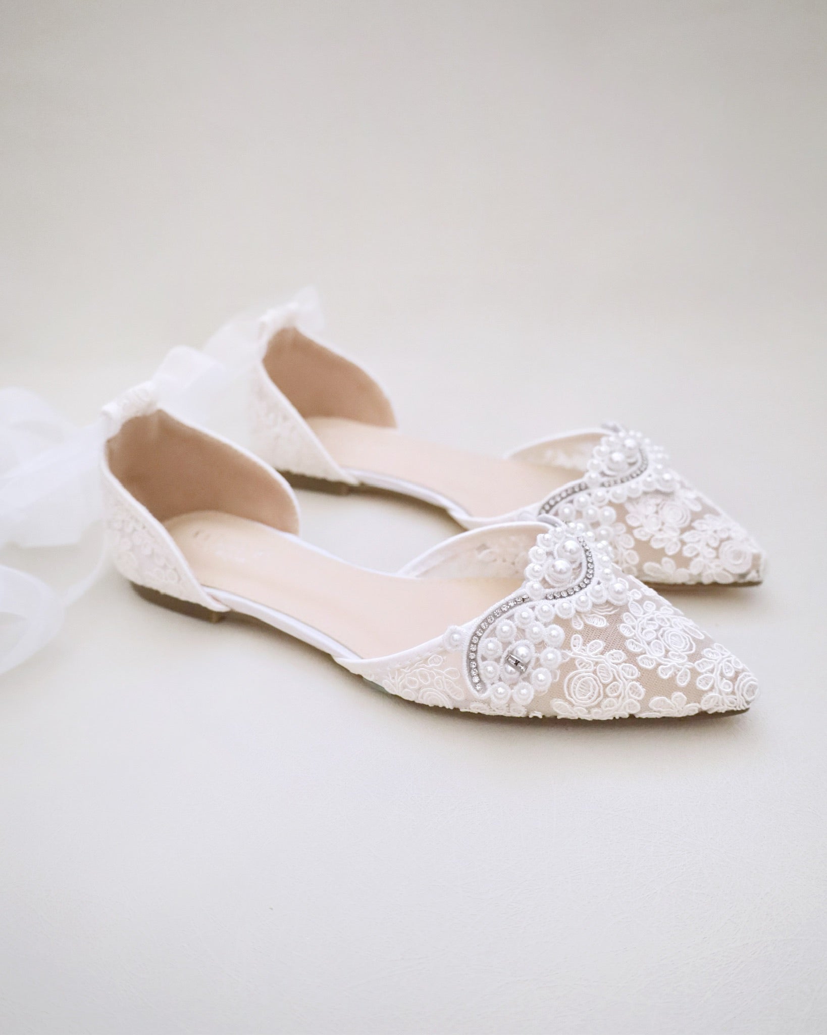 Elegant Crochet Lace Pointed Toe Flats with Pearl Embellishments - Perfect for Weddings, Parties & Formal Occasions