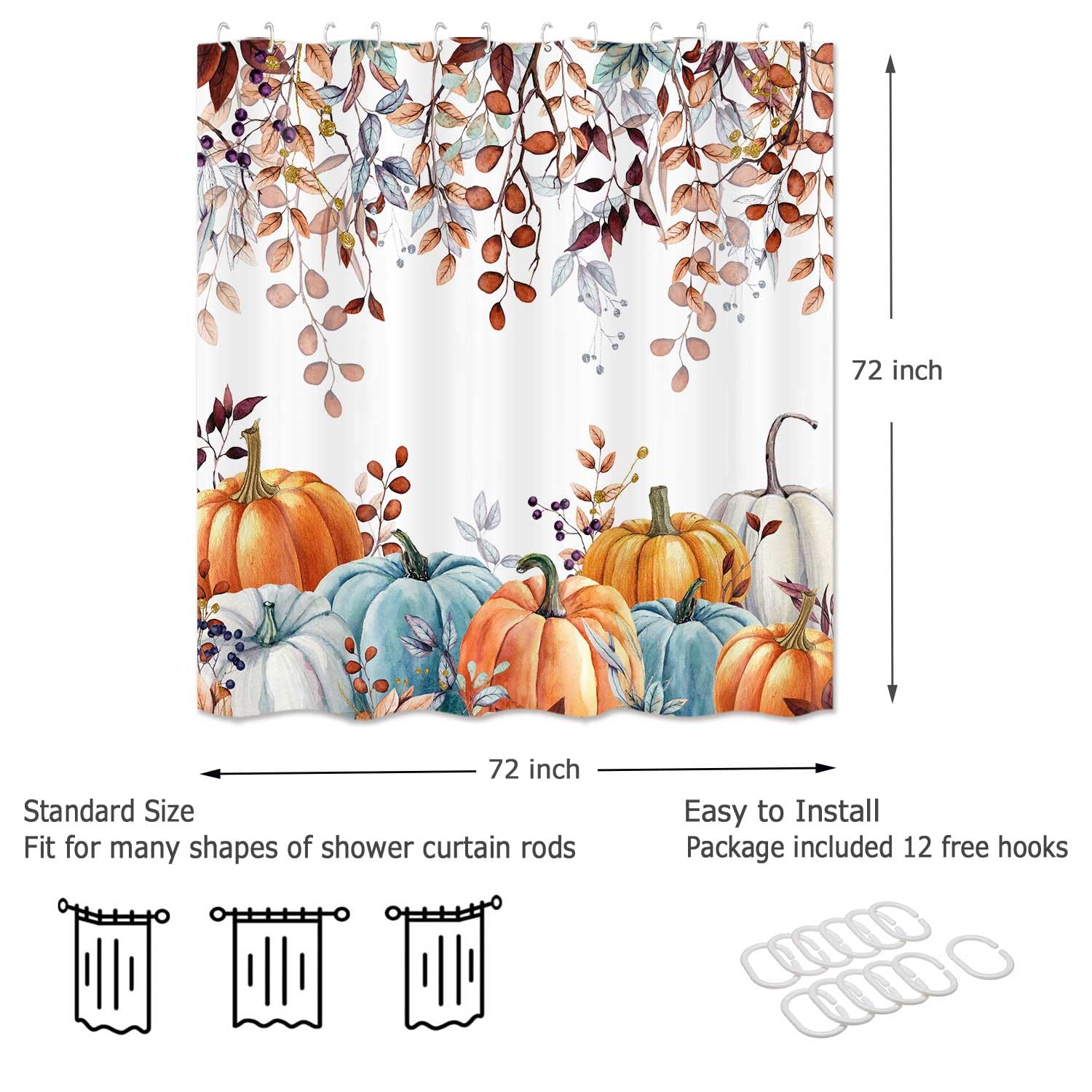 Waterproof Fall Shower Curtain Set - Thanksgiving Pumpkins & Autumn Leaves Bathroom Decor (72x72 Inch) | Blue & Orange Fabric with Hooks | Perfect for Seasonal Bathroom Upgrade & Holiday Home Decor