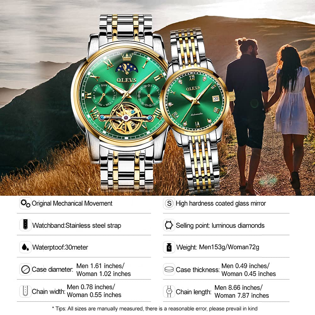 OLEVS Automatic Couple Watches for Men & Women - His and Hers Matching Set, Self-Winding Mechanical Tourbillon Dress Watch with Day Date Calendar, Big Face Two-Tone Wristwatch | Perfect Anniversary Gift, Wedding Present & Romantic Couples Accessory