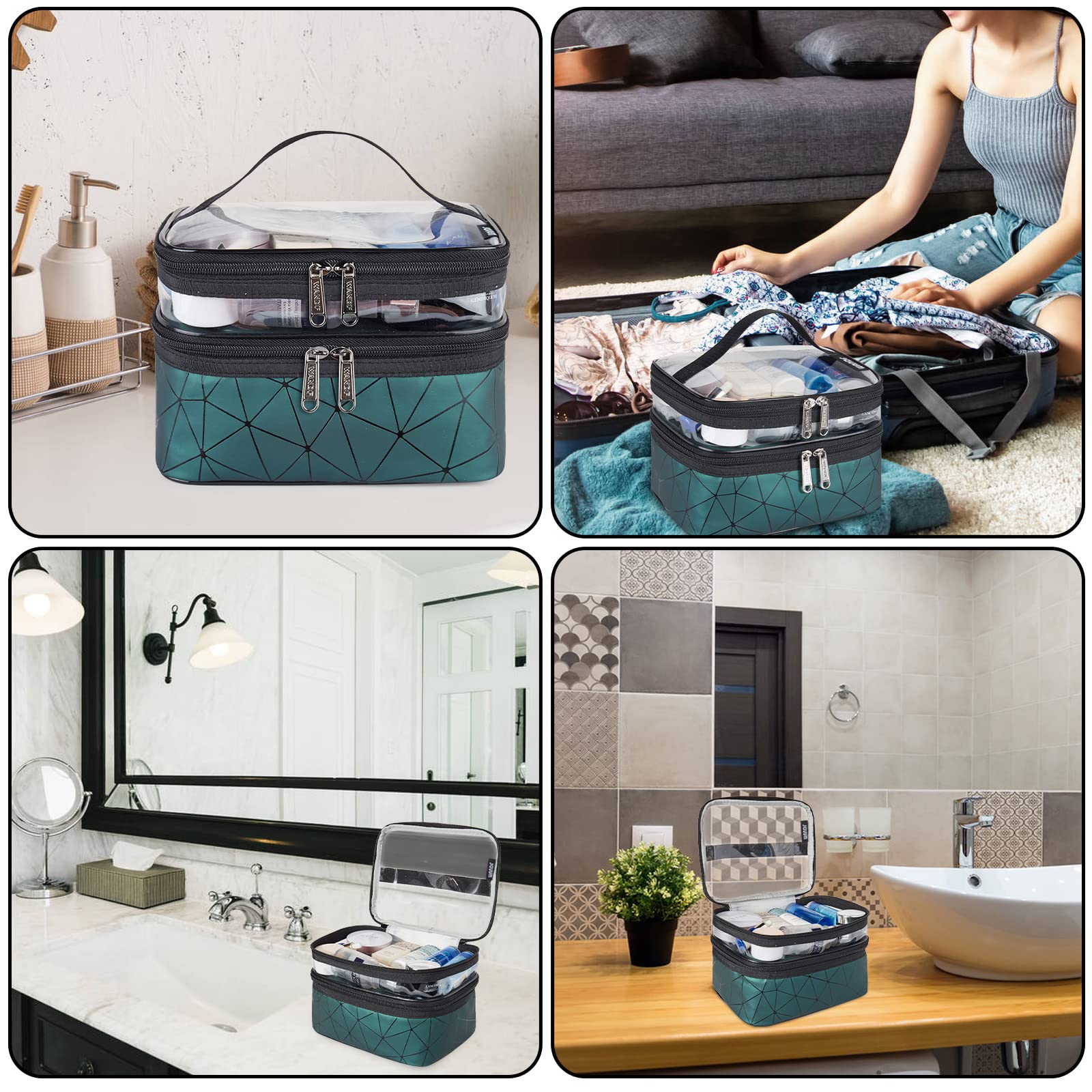 Double Layer Large Clear Makeup Bag for Women - Waterproof Travel Cosmetic Case & Toiletry Organizer | Perfect for Camping, College, Gym & Vacation (Dark Green)
