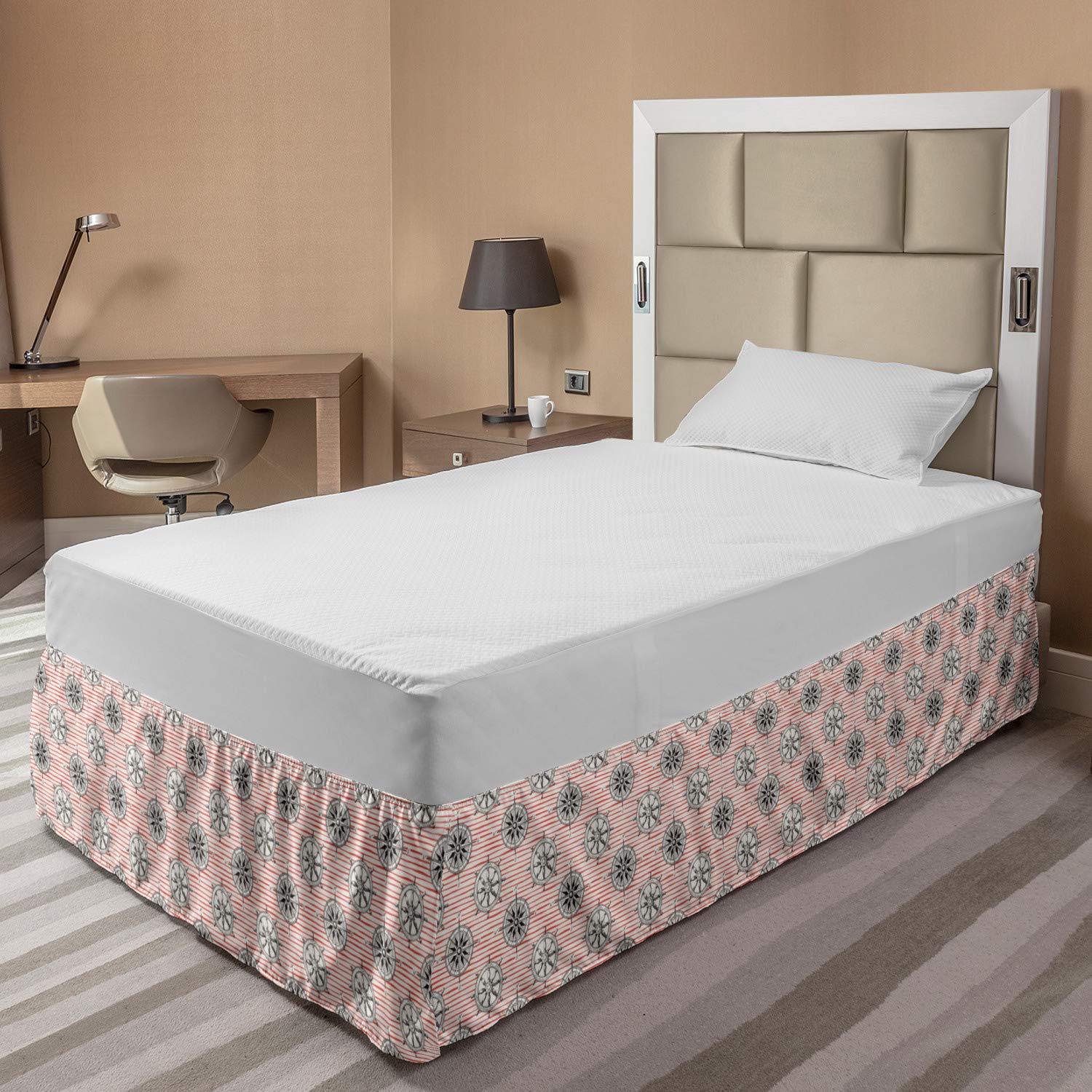 Ambesonne Nautical Bed Skirt - Ocean Themed Hand-Painted Ship Wheel & Sea Compass Design with Pink Stripes | Elastic Dust Ruffle Wrap for Full Size Beds | Perfect for Beach House Decor, Coastal Bedroom Styling & Nautical Theme Bedding