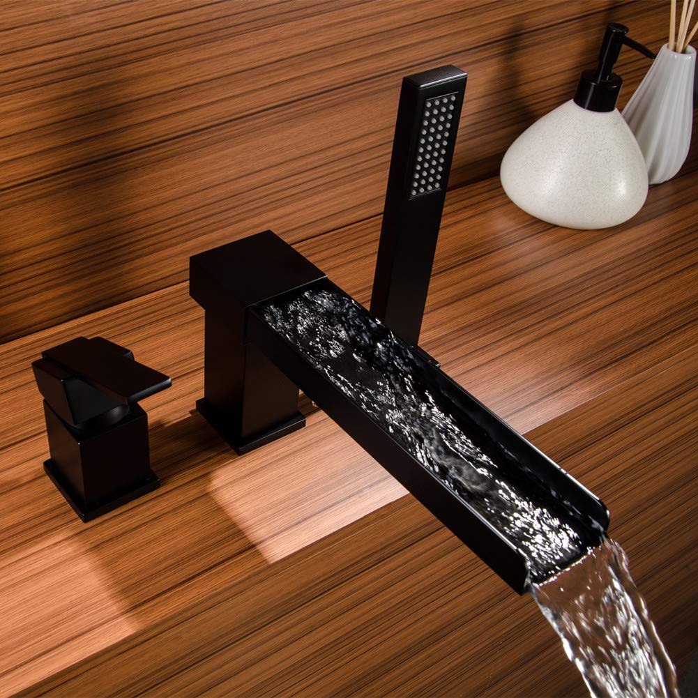 Black Roman Tub Faucet with Hand Shower - Deck Mount Bathtub Faucet Set with Waterfall Sprayer | Luxury Bathroom Upgrade for Spa-Like Experience