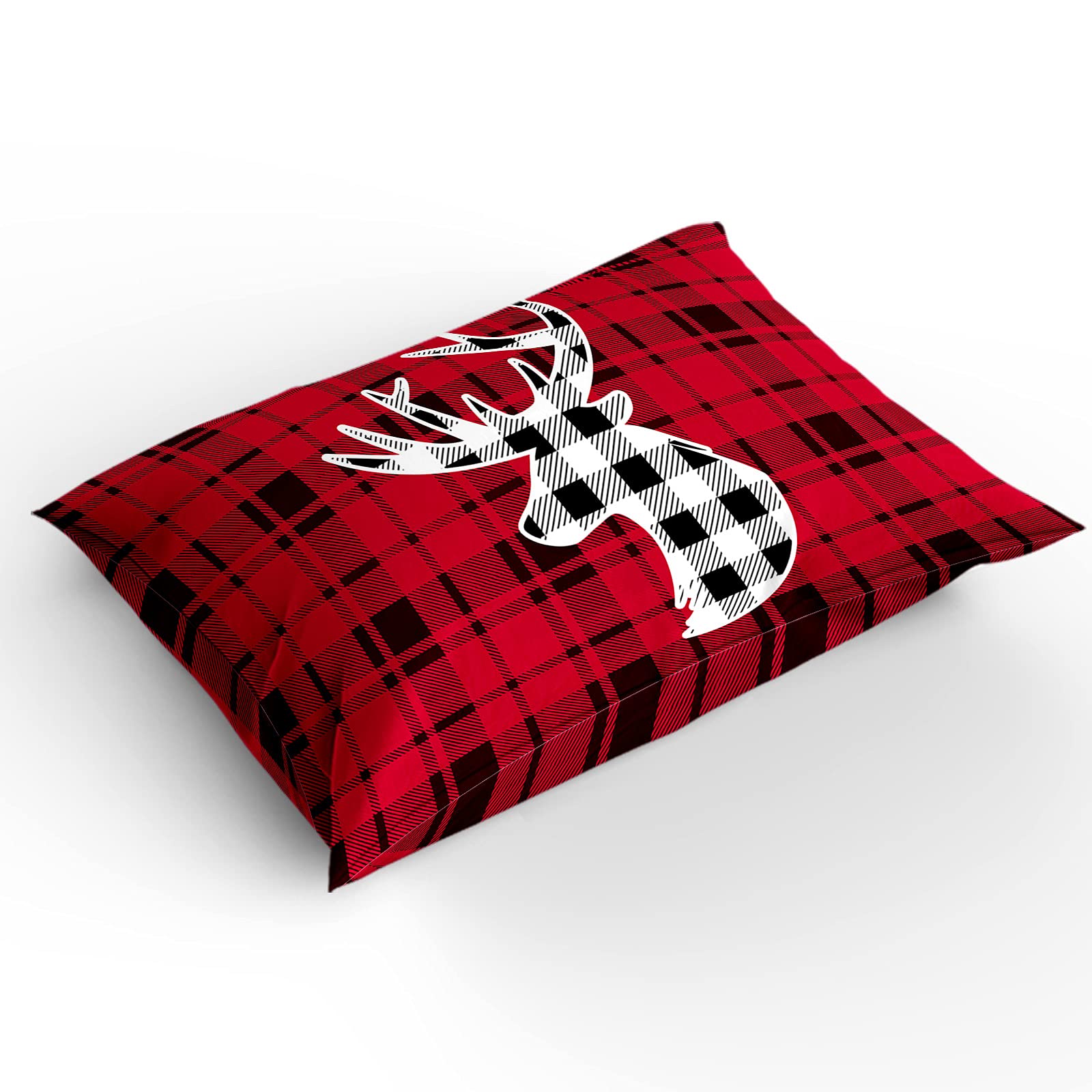 Christmas Elk Red and Black Lattice Queen Duvet Cover Set - Soft Bedding Set for Teens, Kids & Adults (1 Comforter Cover + 2 Pillowcases) - Cozy Holiday Home Decor for Winter Bedroom