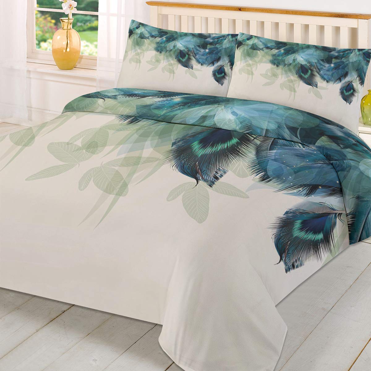 ArneCase 3-Piece Queen Size Duvet Cover Set - Peacock Feather Print in Teal Blue & Turquoise with Floral Green Leaf Design | Soft & Cozy Bedding Collection Includes Quilt Cover + 2 Pillowcases | Perfect for Master Bedroom, Guest Room & Cozy Winter Nights