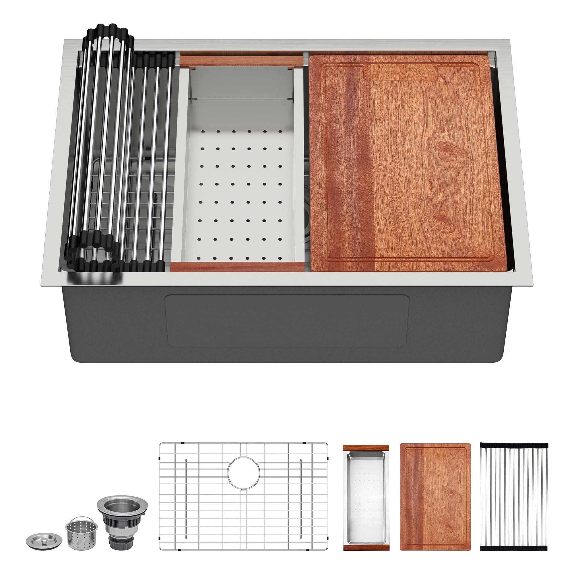 Funmier 27×19 Stainless Steel Undermount Kitchen Sink - Deep Single Bowl Workstation with Cutting Board for Modern Home Kitchens