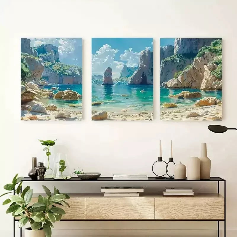 3-Piece Serene Beach and Cliff Wall Art Set - Framed Canvas 50x70cm (20x28in) - High Quality Print - 100% Australian Made - Ready to Hang - Perfect for Living Room, Bedroom & Office Decor