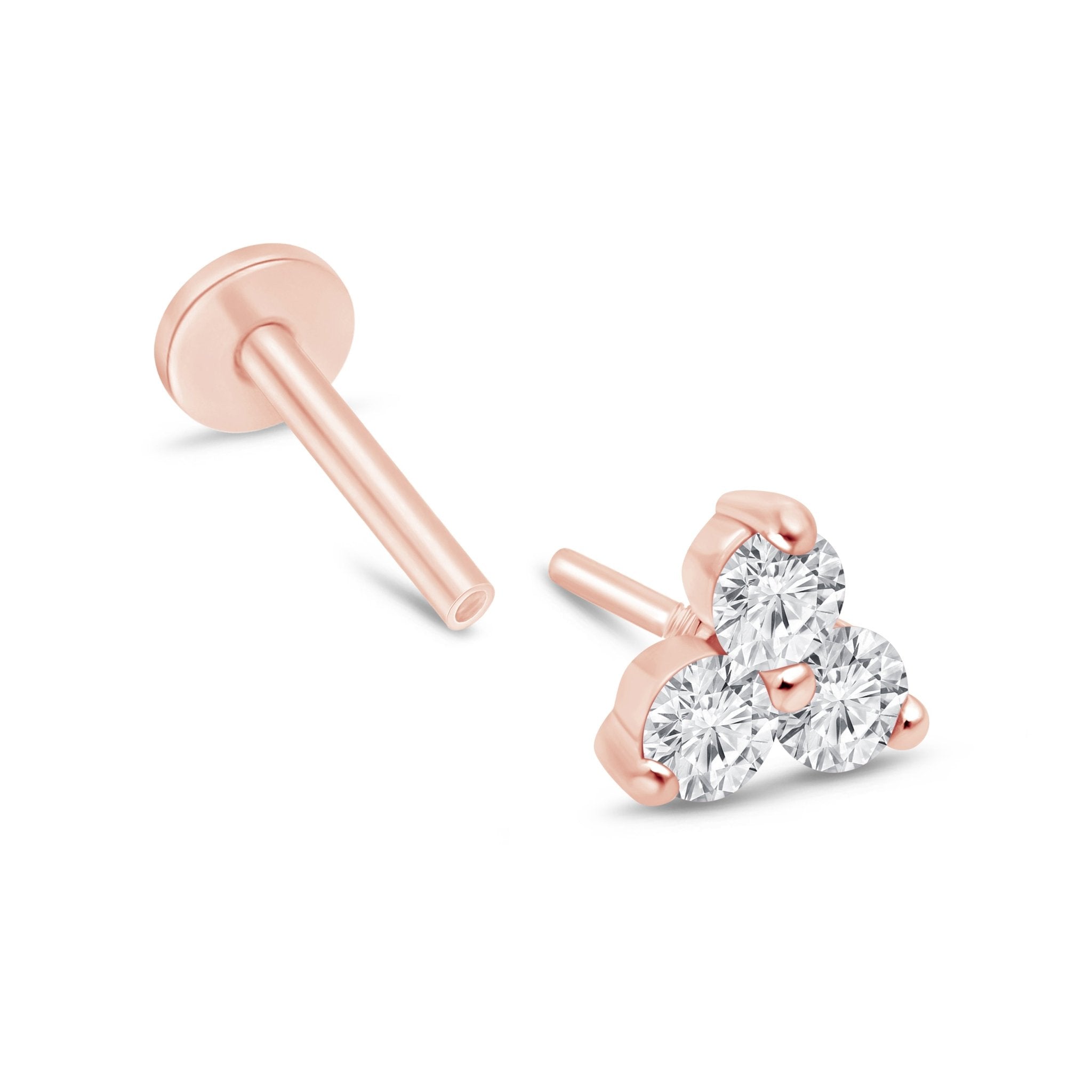 14k Rose Gold Diamond Trinity Cluster Flat Back Stud Earrings for Women - Perfect for Weddings, Parties & Everyday Elegance
