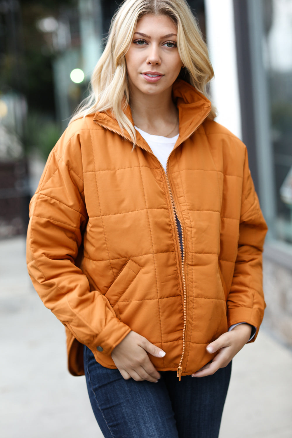 Butterscotch Quilted Puffer Jacket for Women - Warm Winter Coat with Stand Collar | Stylish Outerwear for Cold Weather, Outdoor Activities & Daily Commute