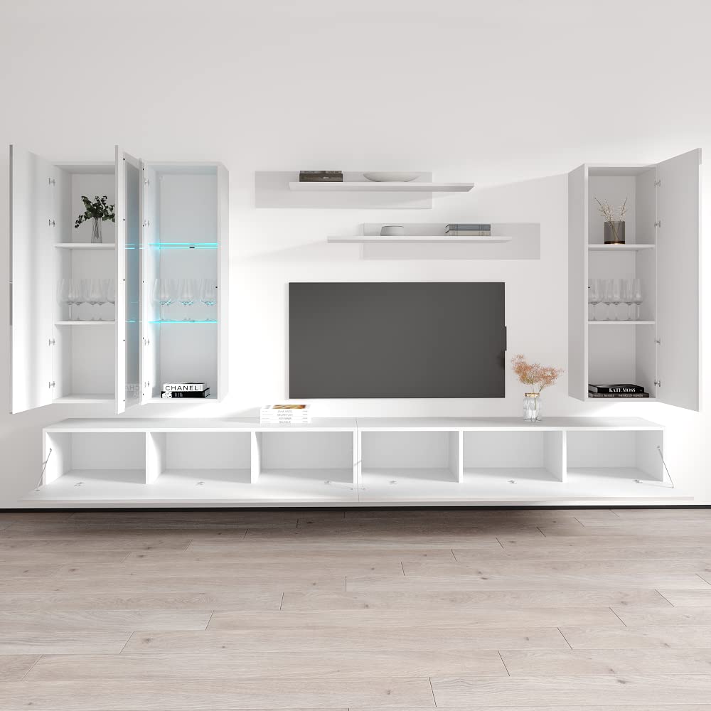 Modern Floating TV Stand with Storage & LED Lights - Wall-Mounted Entertainment Center Console for Bedroom & Living Room - White Meble Furniture Fly EF4 30