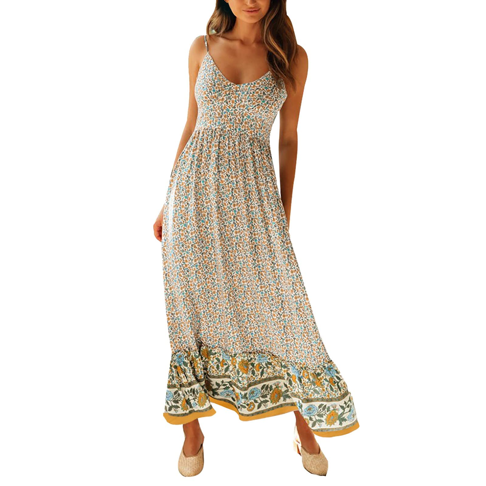 Rayon Summer Dress for Women - Floral Printed Bohemian Sundress with Spaghetti Straps, Sleeveless Swing Maxi Dress for Casual Wear, Beach Vacation & Summer Outings