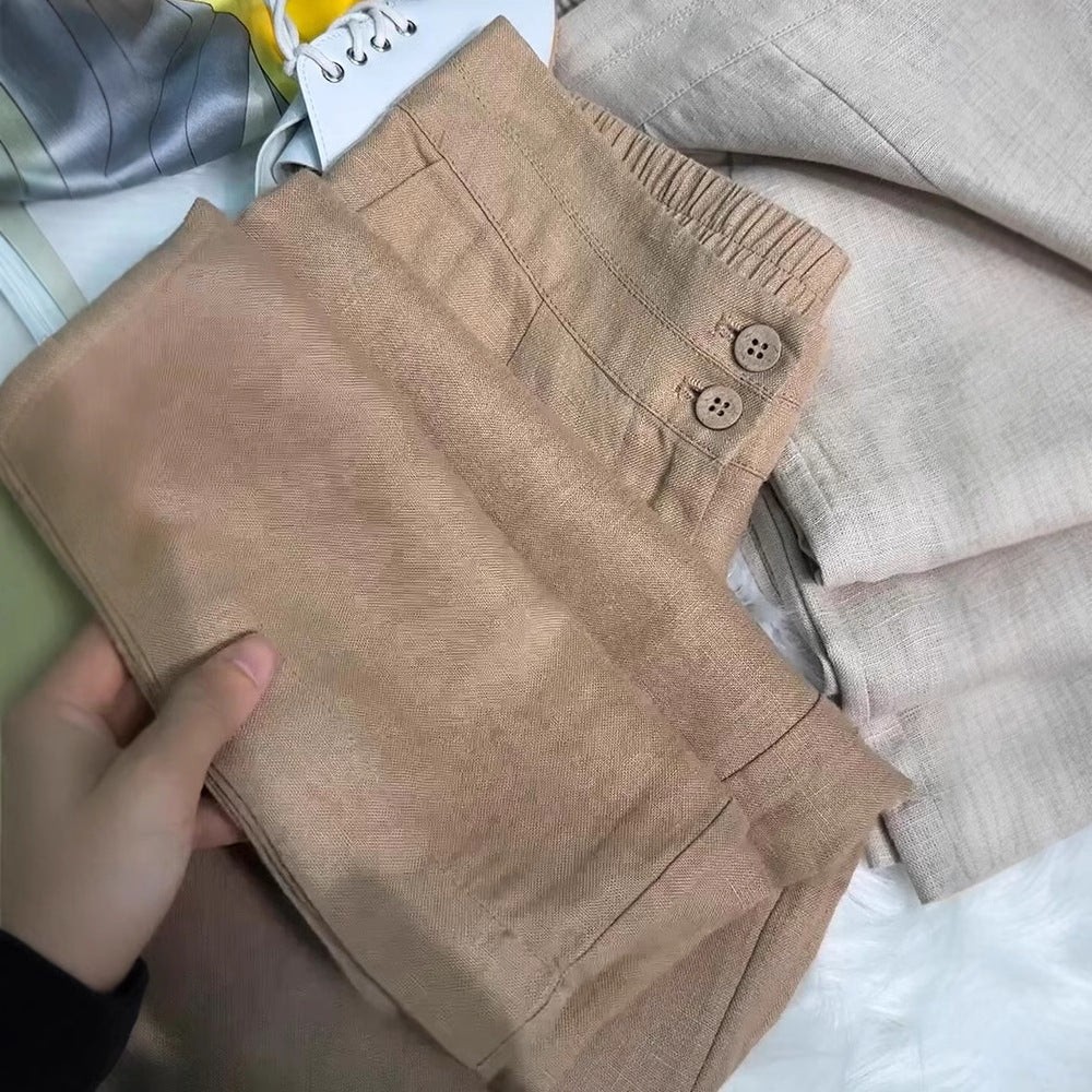 Premium 2025 Khaki Ramie Linen Wide Leg Pants - High Waisted Elastic Tencel Cotton Blend, Loose Casual Straight Leg Trousers for Women | Perfect for Summer Travel, Office Wear & Boho Outfits