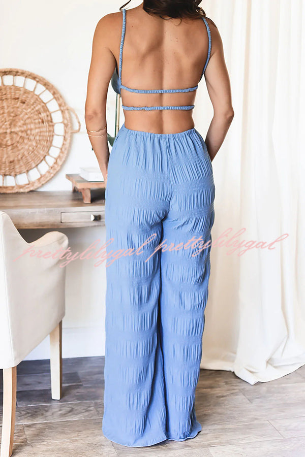 Stylish Crinkle Fabric Cut Out Backless Jumpsuit with Elastic Waist & Pockets - Perfect for Summer Vacations, Beach Getaways, and Night Out Parties