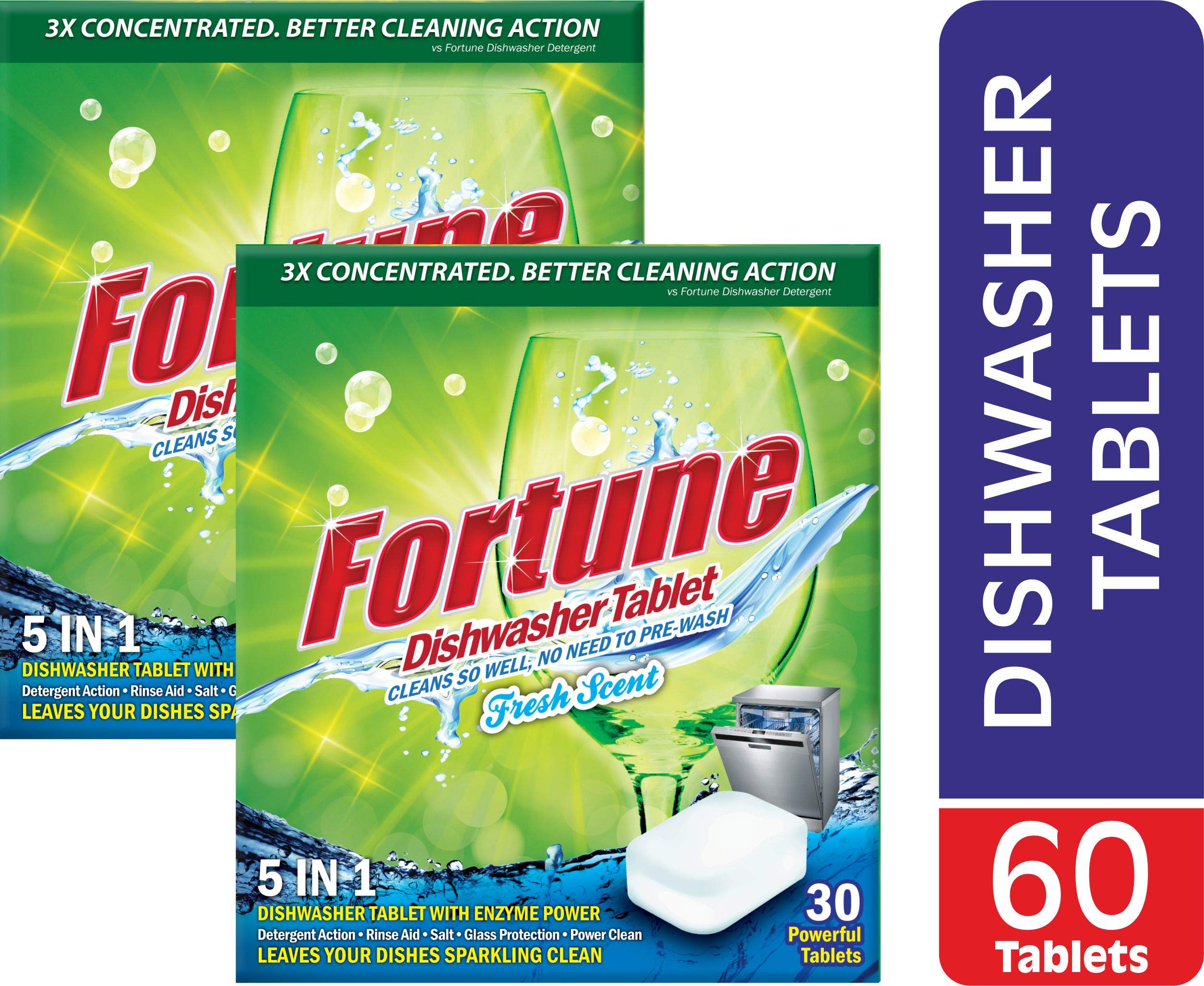 FORTURE 5-in-1 Dishwasher Detergent Tablets with Fresh Scent (60 Count) & Dishwasher Salt (1kg) - Universal Compatibility for All Dishwasher Brands - Perfect for Daily Dish Cleaning and Hard Water Protection
