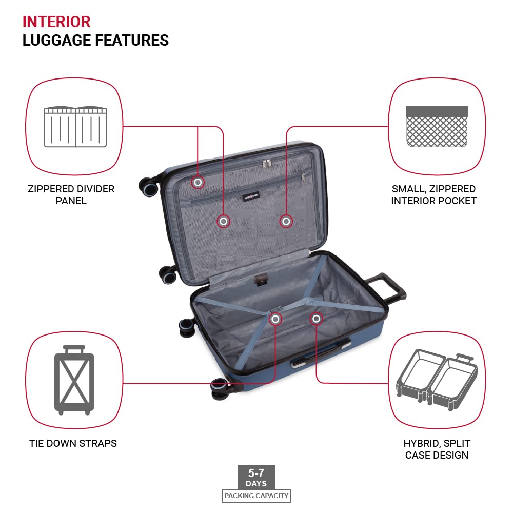 SwissGear Duet Expandable Hardside Spinner Luggage 24-Inch - Light Blue/Navy Checked Medium Suitcase for Travel, Business Trips & Vacation Packing