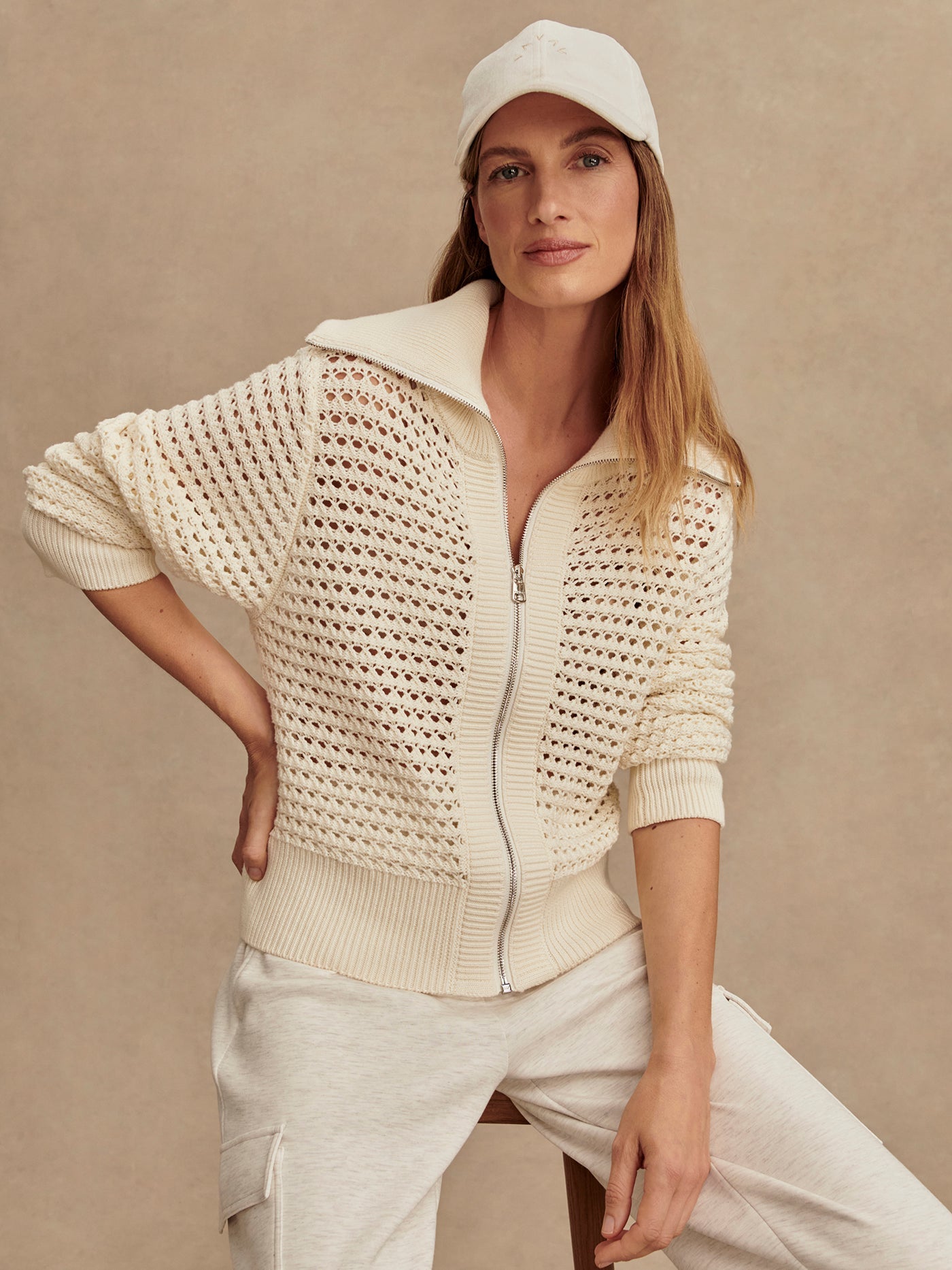 Varley Eloise Full Zip Knit Sweater - Women's Casual Winter Pullover in Egret White | Perfect for Office Wear, Weekend Outings & Cozy Evenings