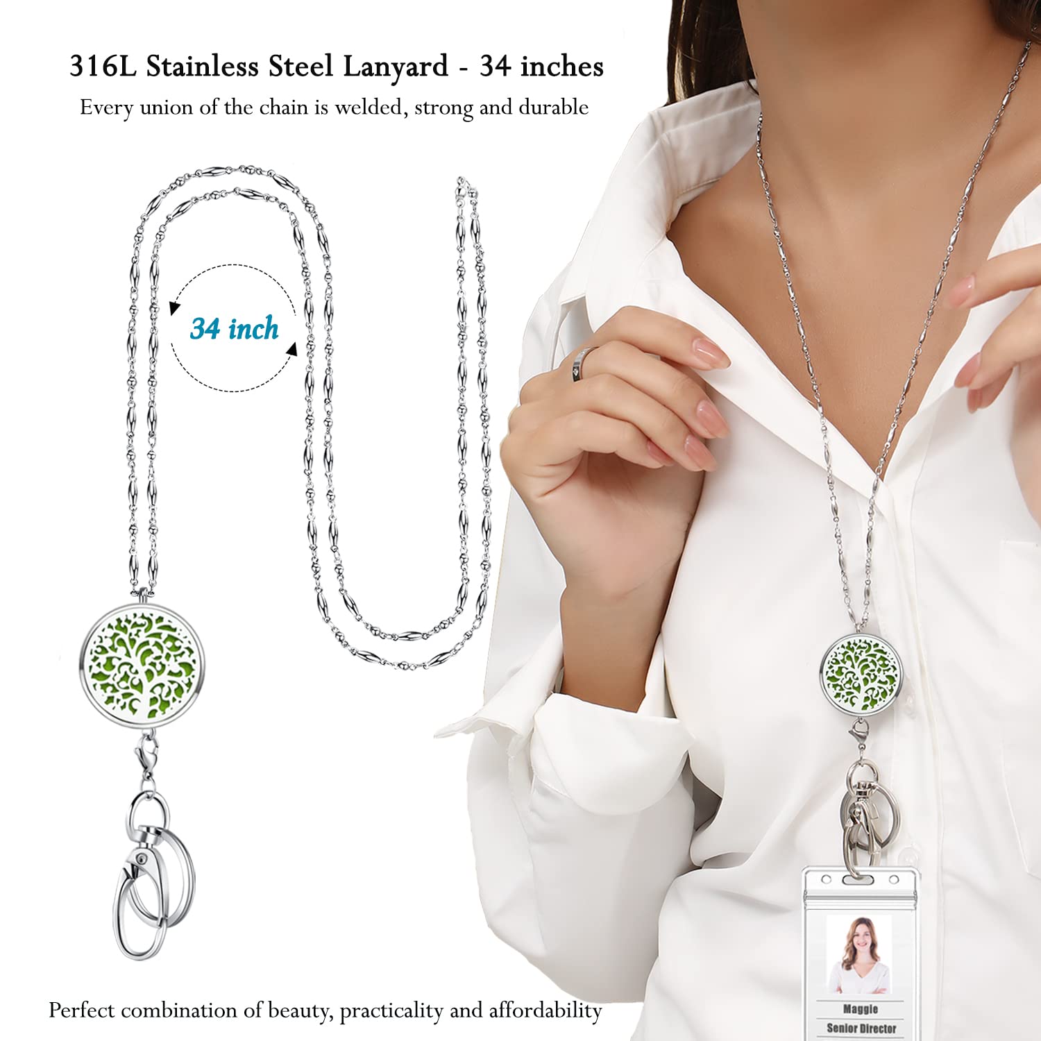 Premium Stainless Steel Lanyard for ID Badges & Keys - Adjustable Badge Holder with Keychain, Diffuser Necklace for Women - Perfect for Teachers, Nurses, Students & Office Work - Ideal for Jewelry Display & Family Tree Keepsakes