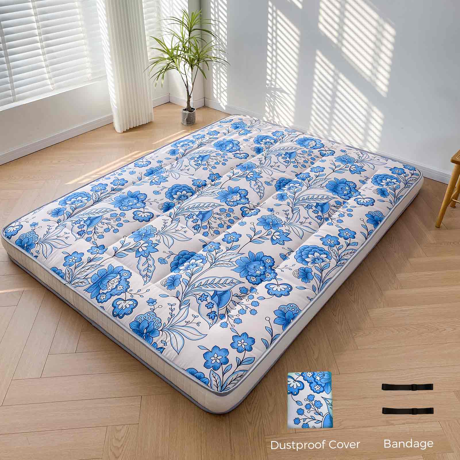 MAXYOYO Padded Japanese Floor Mattress - Floral Printed Futon Mattress & Folding Sleeping Pad for Guest Bed, Camping, Yoga & Meditation | Comfortable Floor Cushion for Small Spaces