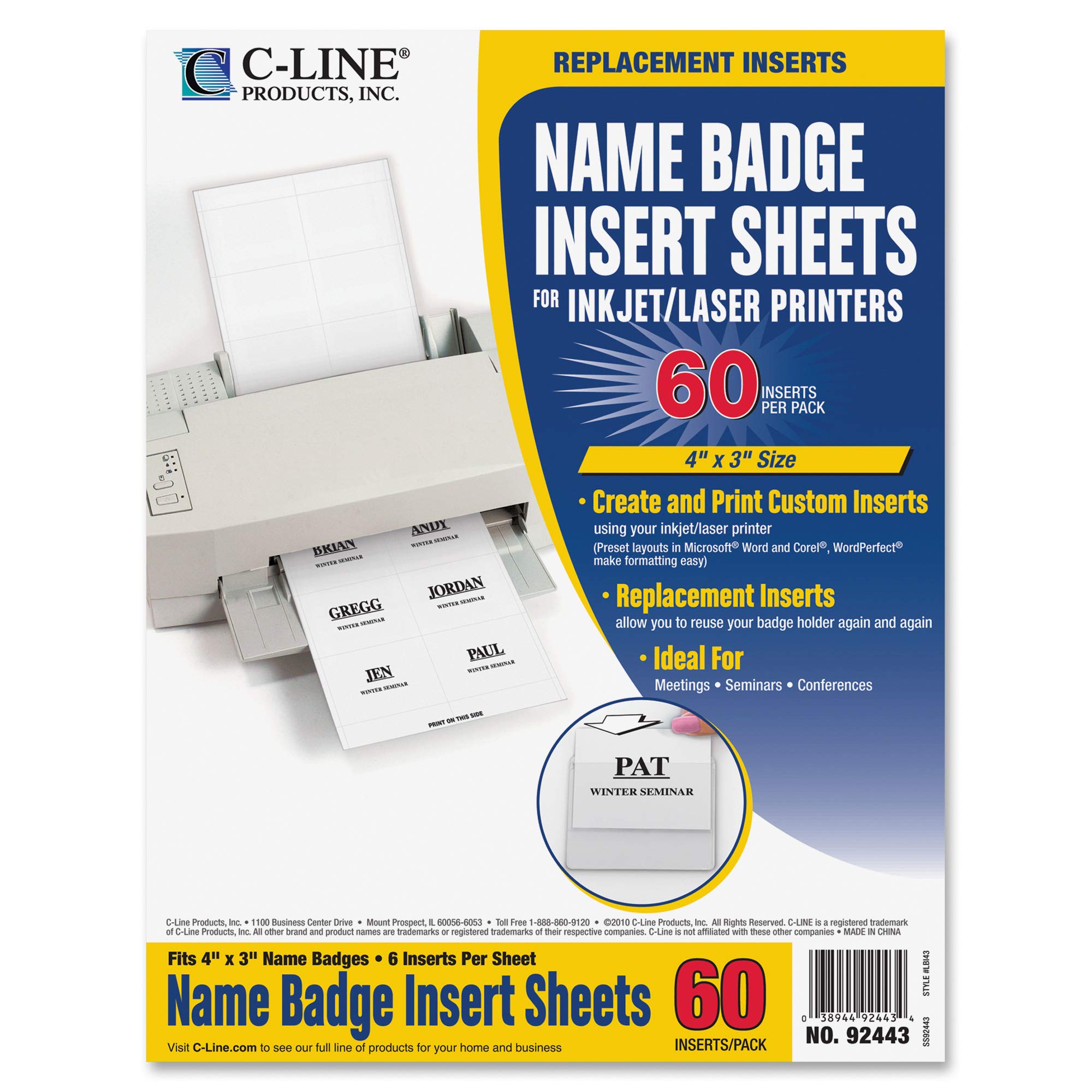 Premium C-Line Replacement Inkjet/Laser Printer Badge Inserts - 3 x 4 Inches, 6 per Sheet, 10 Sheets (60 Inserts) - Perfect for Office ID Cards, Security Badges & Event Name Tags (Model 92443)