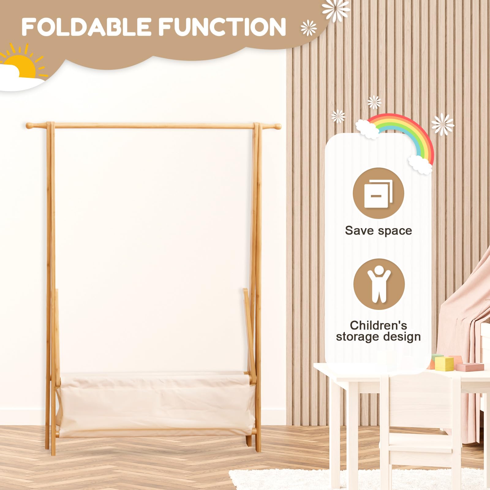 Kids Clothing Rack with Storage Box - Foldable Bamboo Garment Stand with Hanging Rods for Children's Wardrobe | Perfect for Bedroom, Nursery & Playroom Organization