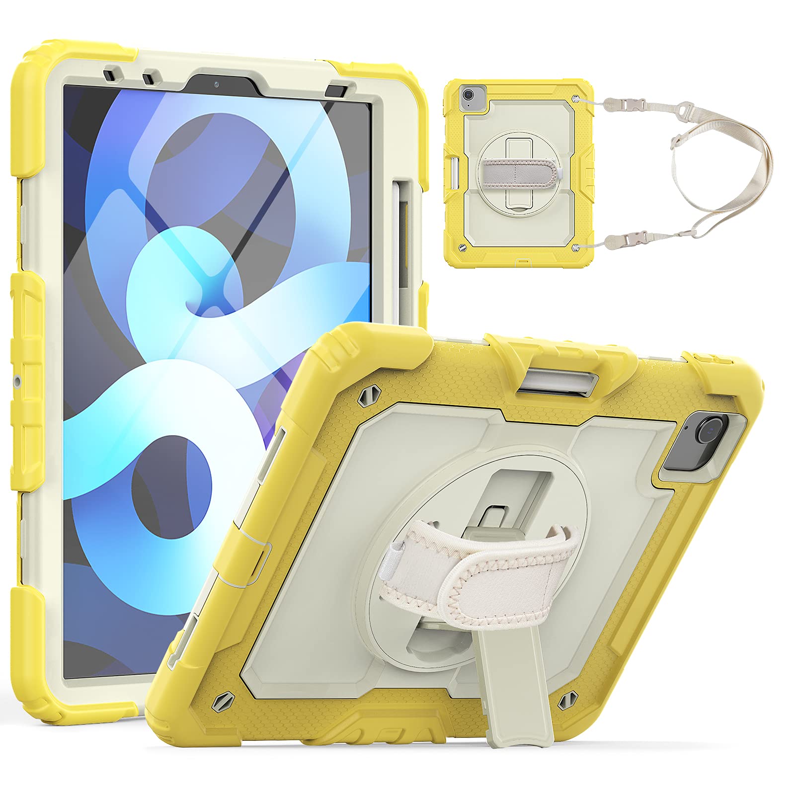Dteck Shockproof Protective Case for iPad Air 5 (2022)/iPad Air 4 (2020)/iPad Pro 11 Inch with Shoulder Strap, Hand Strap & Pencil Holder - Yellow Kids Stand Cover for School, Travel & Outdoor Use