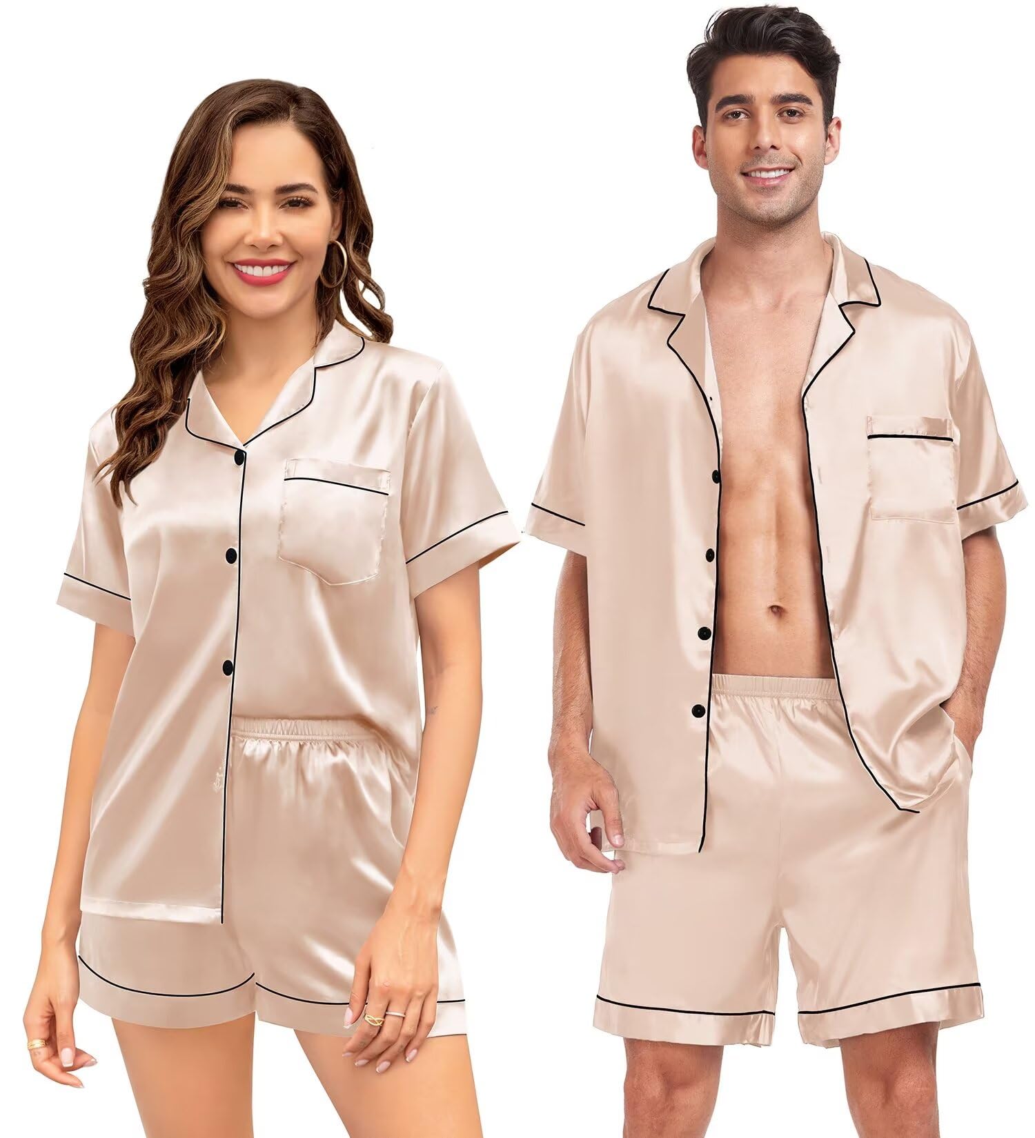 SWOMOG Couple Matching Pajamas Sets for Women & Men - Soft Silk Button Down Pjs with Short Sleeve - 2 Piece Loungewear Set for Valentine's Day, Anniversary Gifts & Cozy Nights at Home