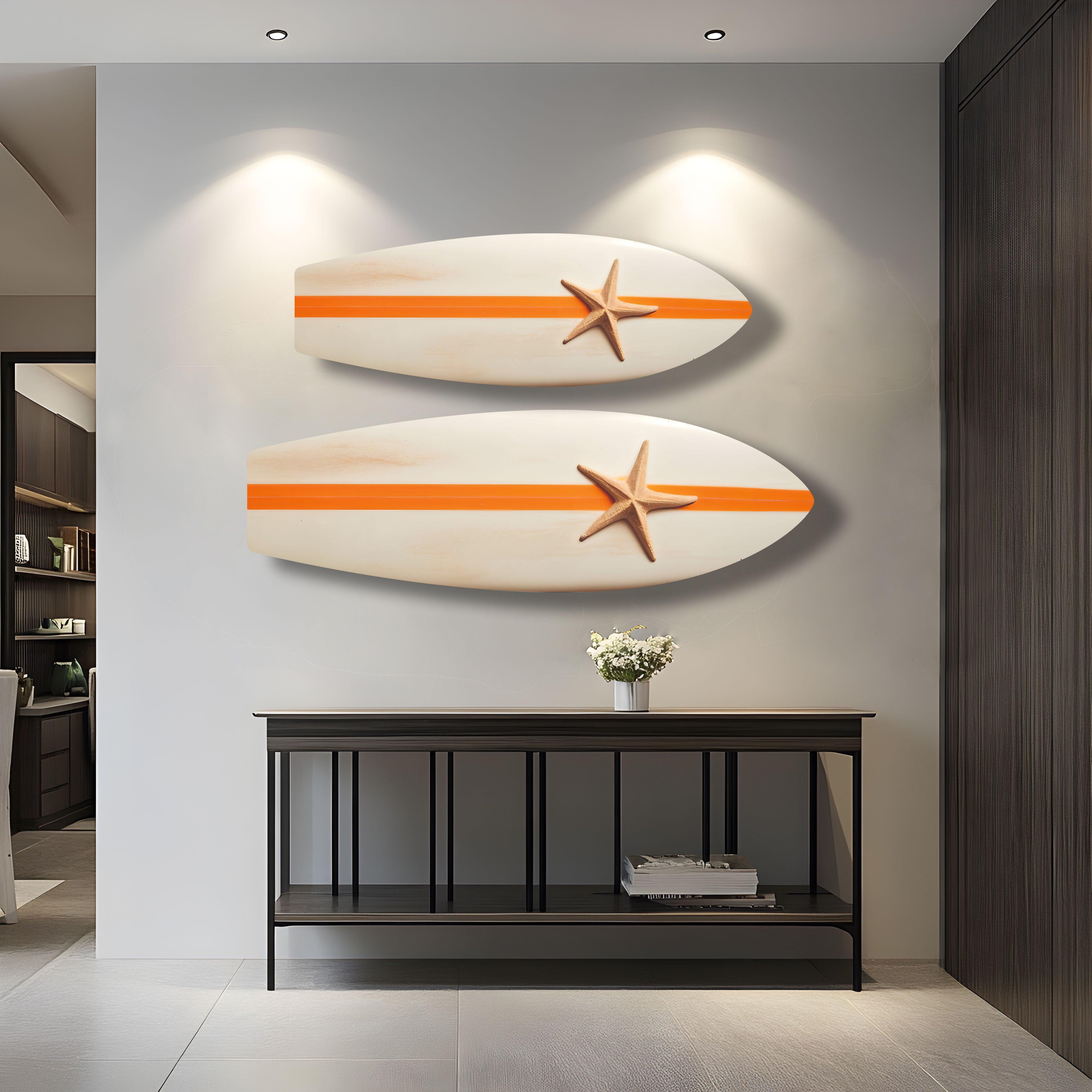 Beach Sea Star Surfboard Wall Art - Coastal Decor for Living Room, Bedroom & Office - Nautical Themed Handmade Wooden Surfboard Decor