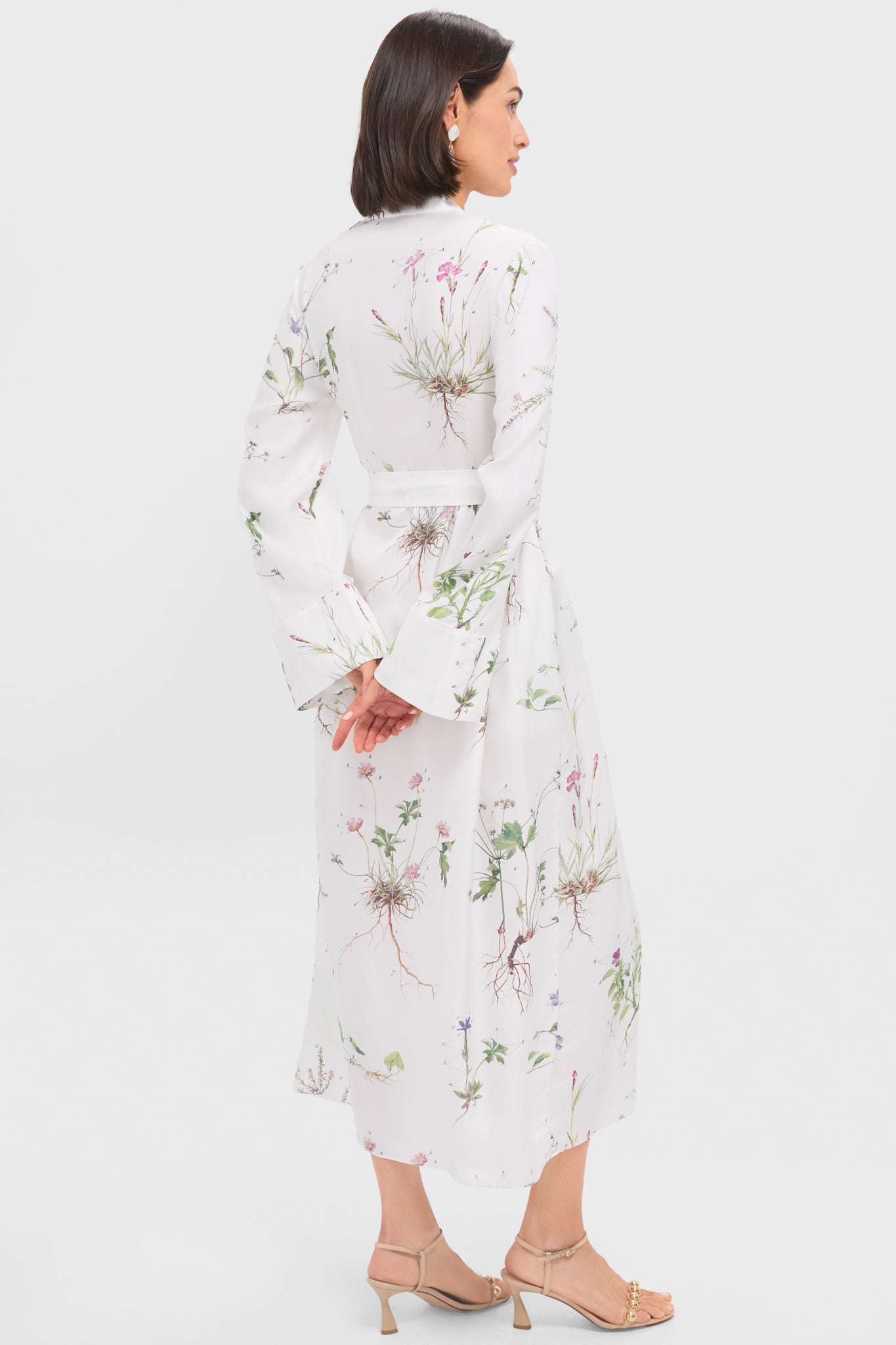 Elegant White Long Sleeve Tie Waist Midi Dress for Women | Floral Botanical Garden Print | Perfect for Garden Parties, Weddings & Spring Occasions