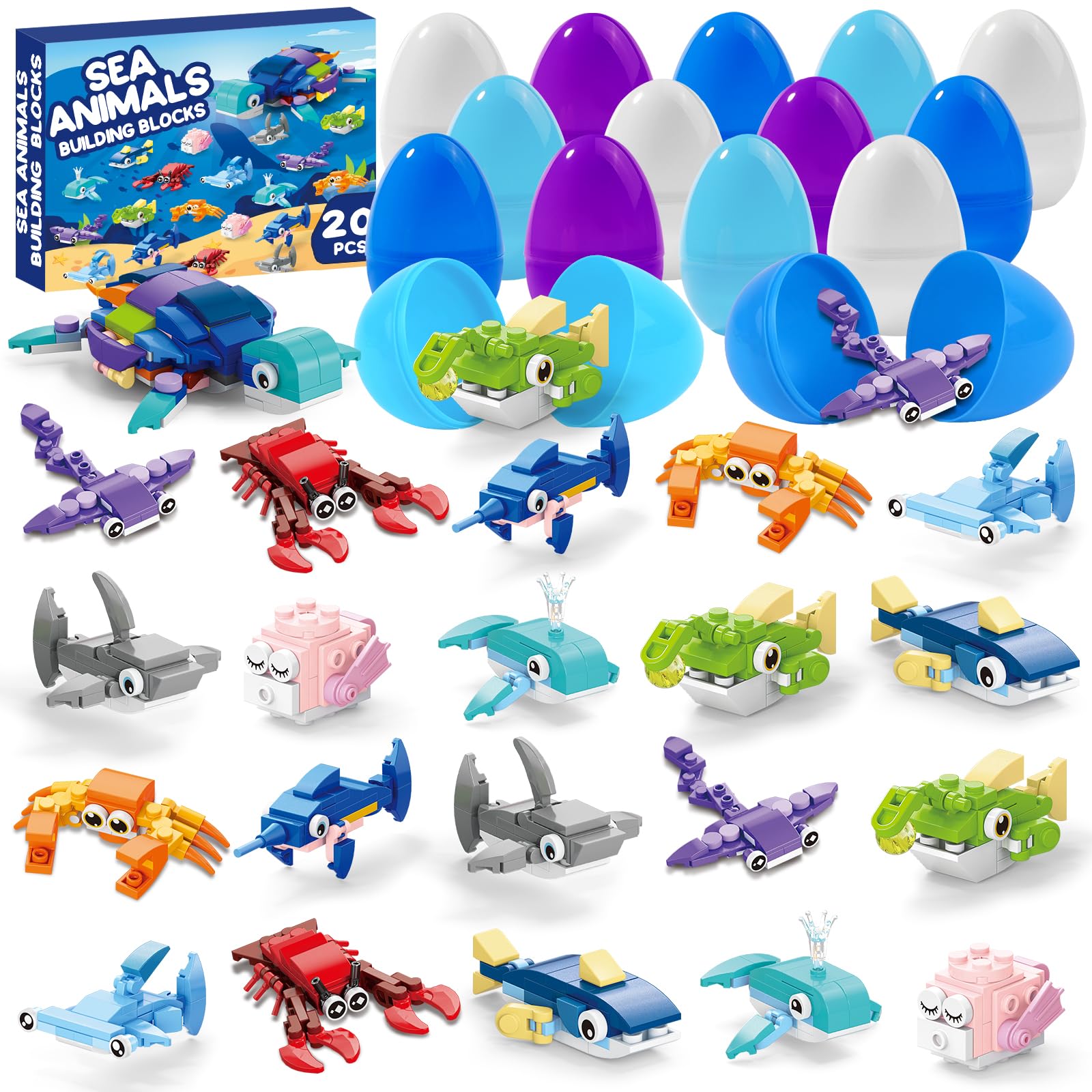 20pcs Prefilled Easter Eggs with Marine Animal Building Blocks - Fun Educational Toys for Kids, Easter Basket Stuffers, Classroom Prizes & Party Favors | Perfect for Easter Egg Hunts, Birthday Gifts & STEM Learning Activities